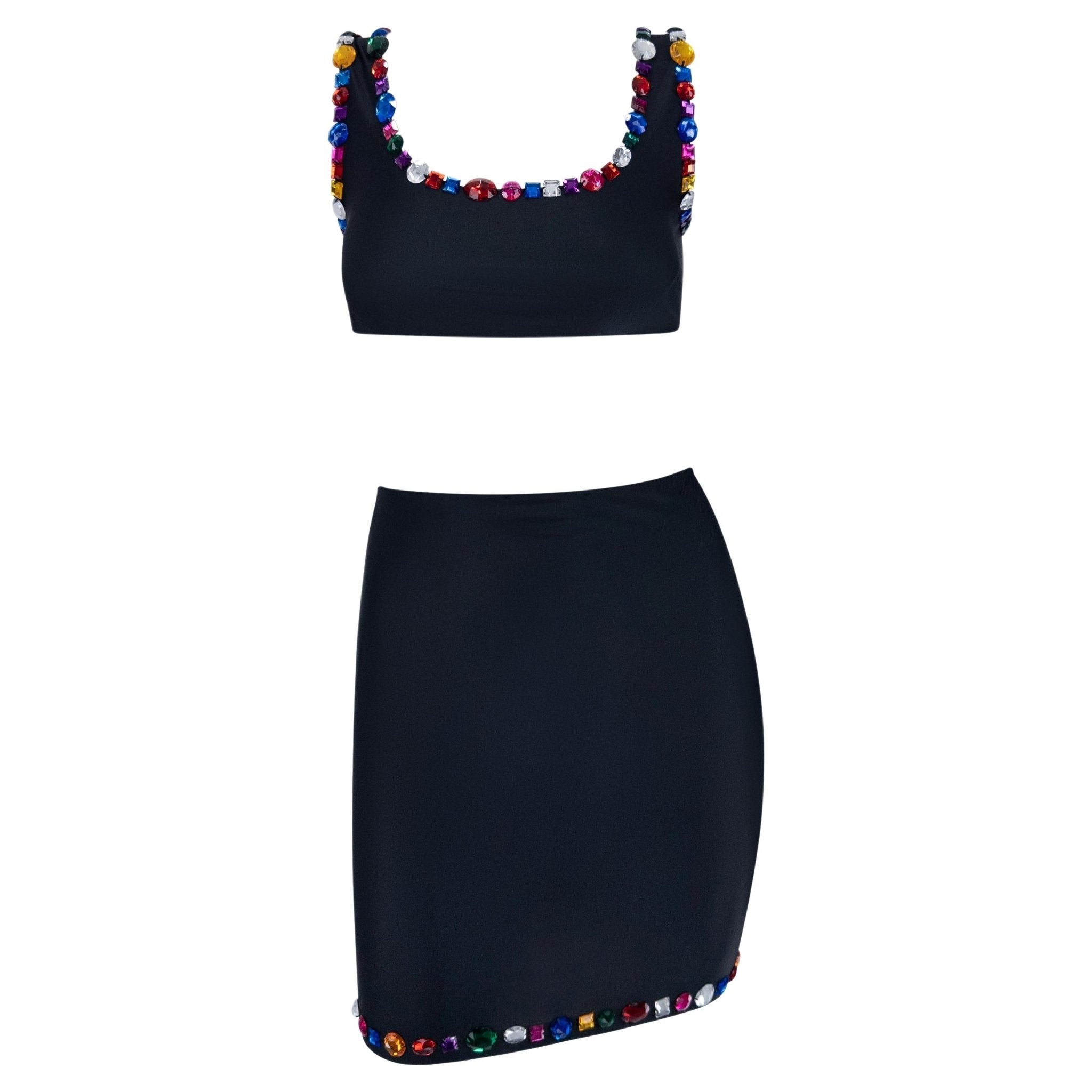 1990s Dolce & Gabbana Rhinestone Multicolor Jeweled Black Swim Skirt Set - RealList