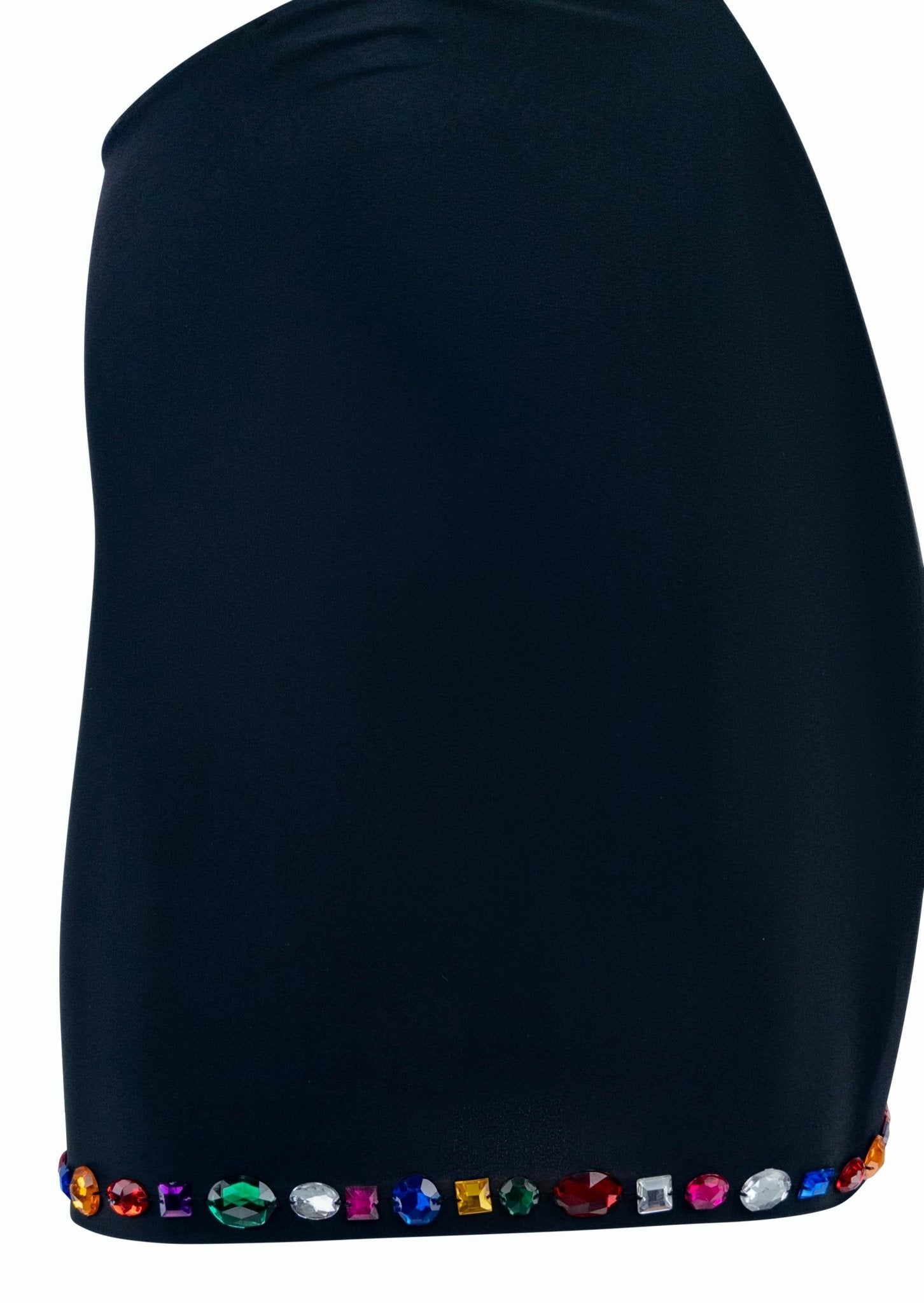 1990s Dolce & Gabbana Rhinestone Multicolor Jeweled Black Swim Skirt Set - RealList