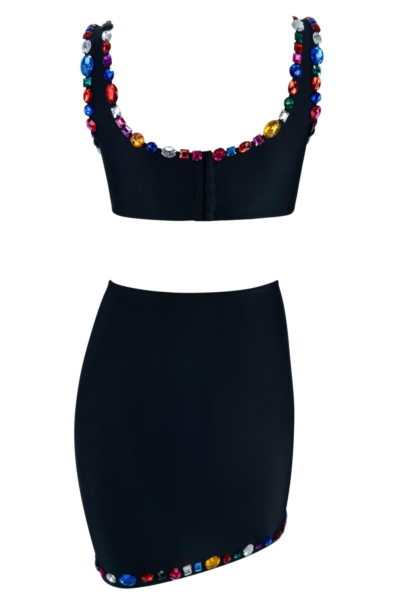 1990s Dolce & Gabbana Rhinestone Multicolor Jeweled Black Swim Skirt Set - RealList