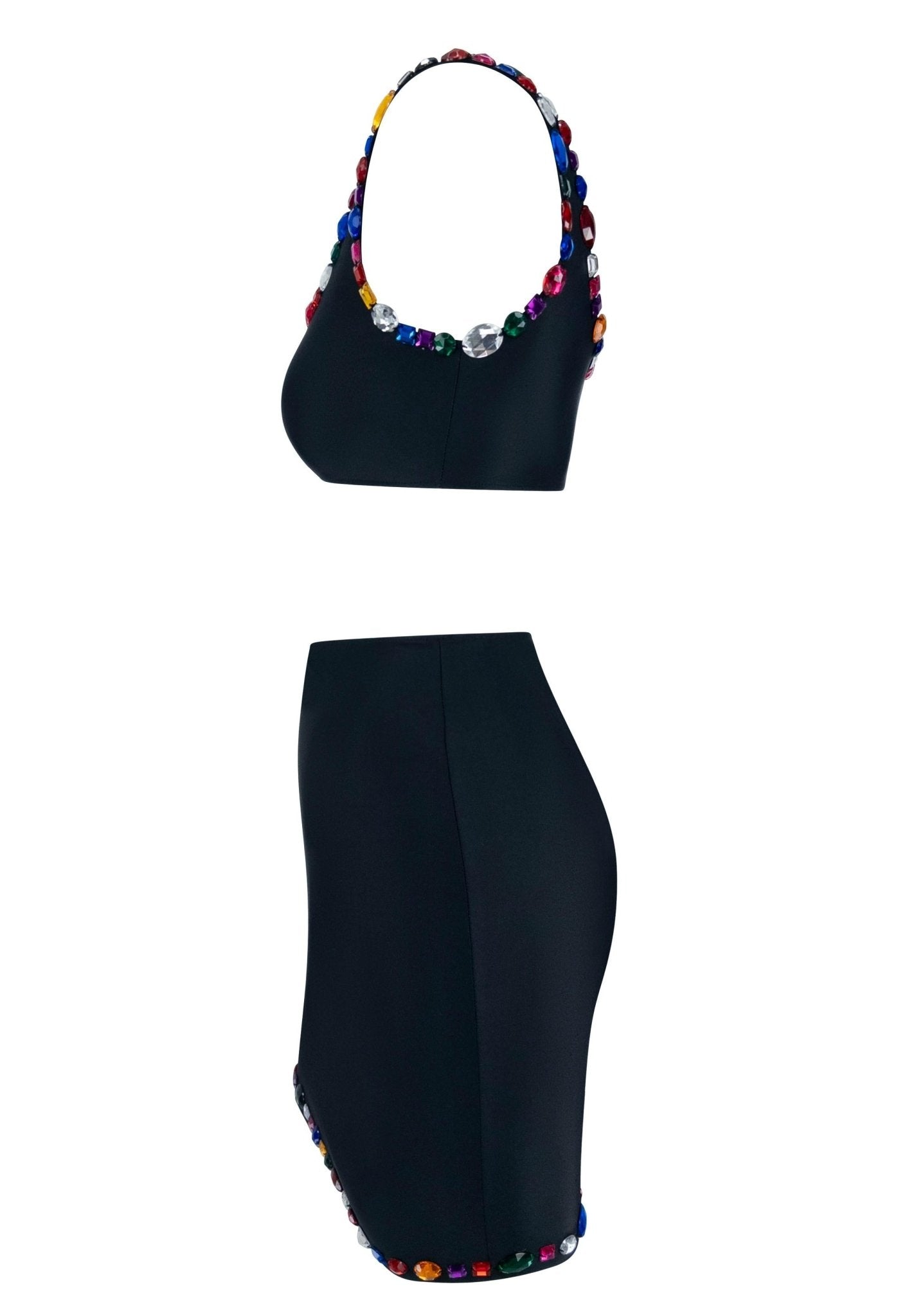 1990s Dolce & Gabbana Rhinestone Multicolor Jeweled Black Swim Skirt Set - RealList