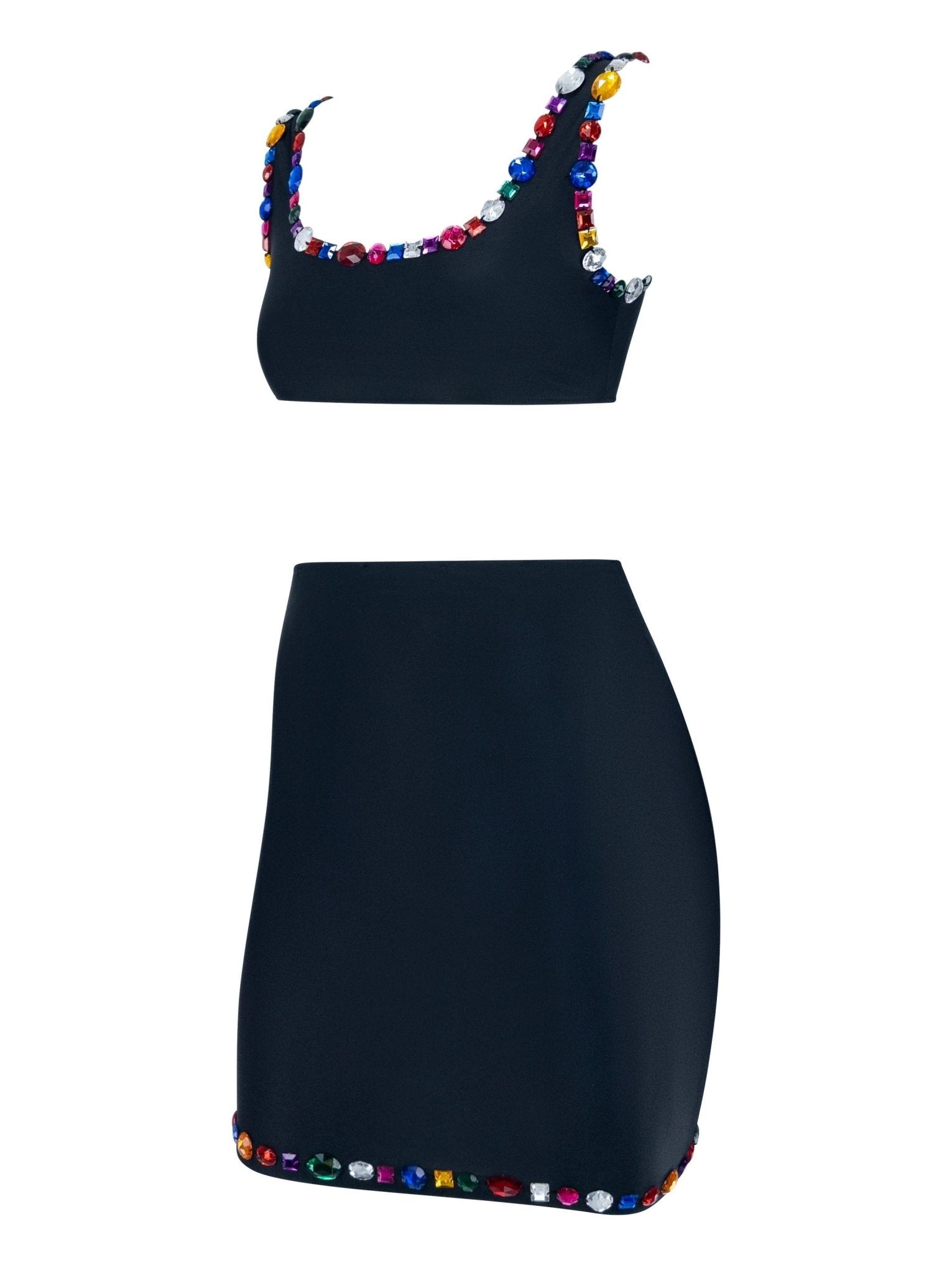 1990s Dolce & Gabbana Rhinestone Multicolor Jeweled Black Swim Skirt Set - RealList