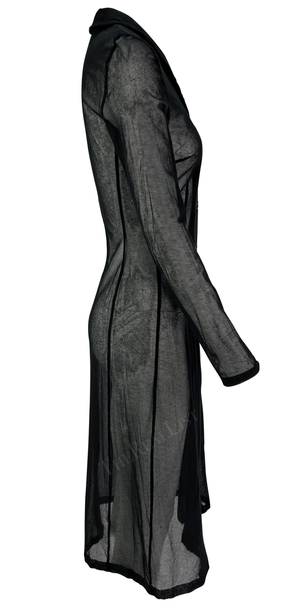 1990s Dolce & Gabbana Sheer Black Mesh Stretch Button Coat Dress - RealList