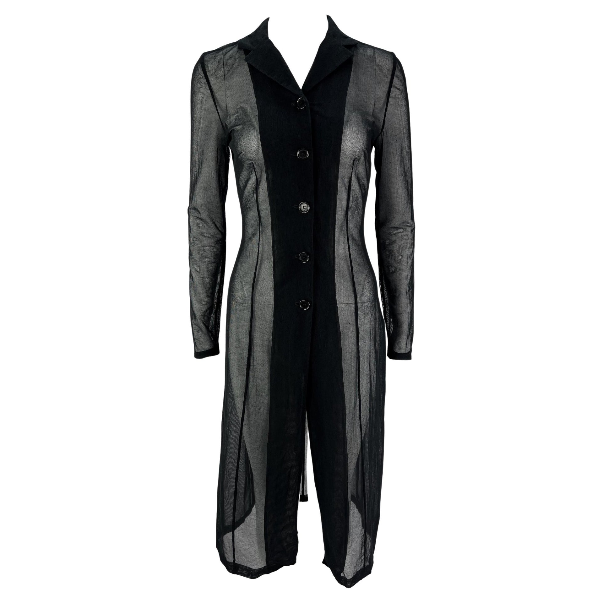 1990s Dolce & Gabbana Sheer Black Mesh Stretch Button Coat Dress - RealList