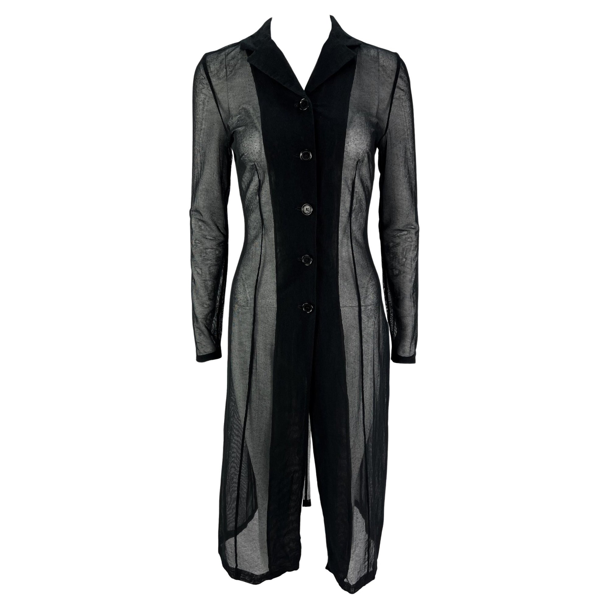 1990s Dolce & Gabbana Sheer Black Mesh Stretch Button Coat Dress - RealList