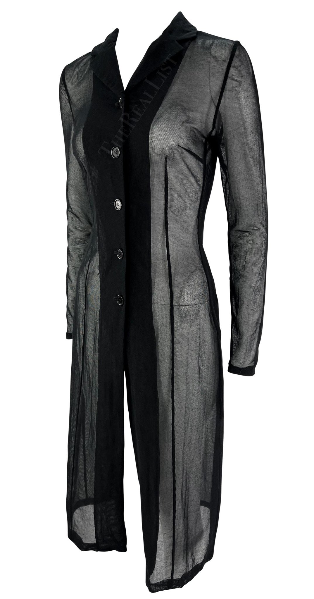 1990s Dolce & Gabbana Sheer Black Mesh Stretch Button Coat Dress - RealList