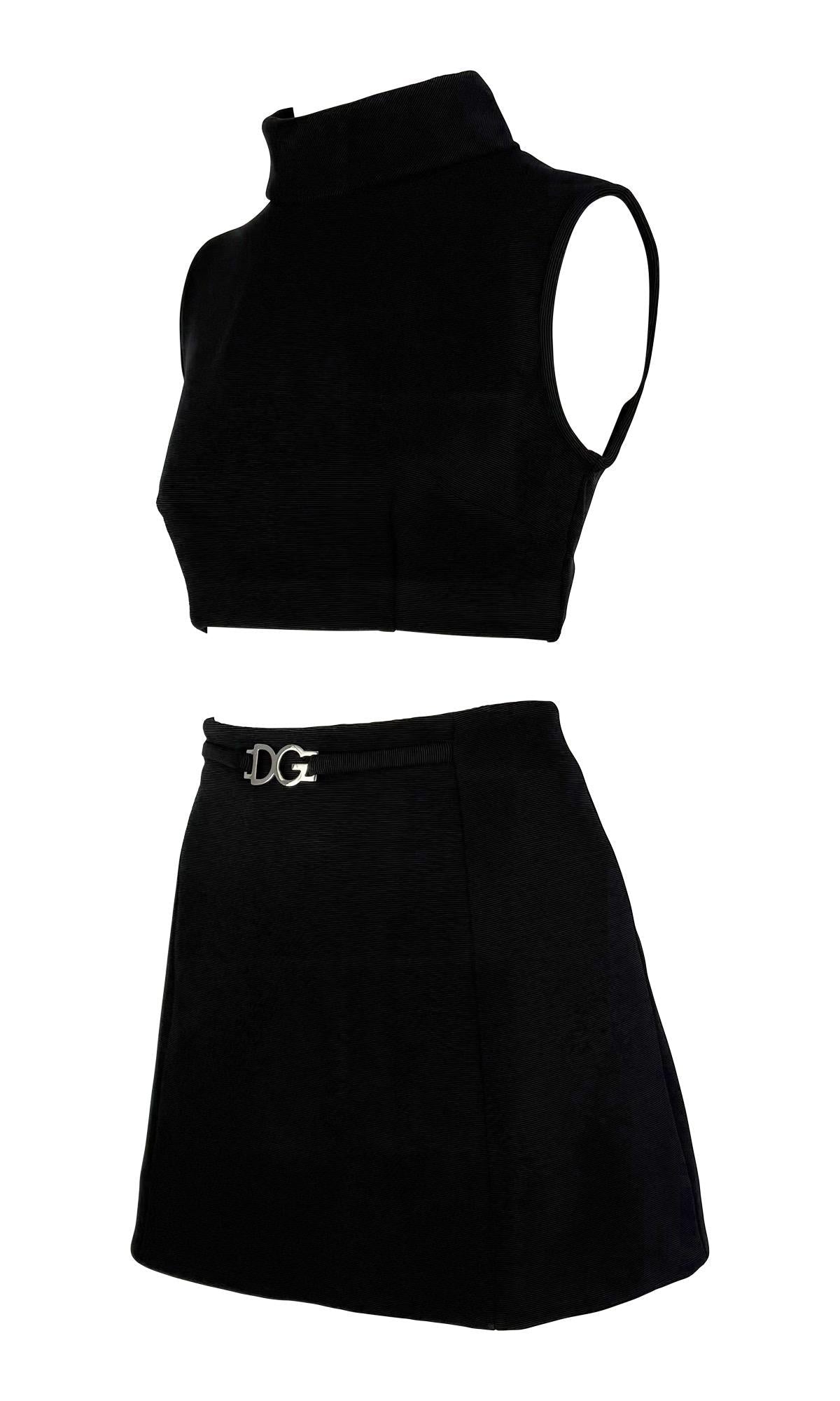 1990s Dolce & Gabbana Silver Logo Buckle Black Cropped Roll Neck Mini Skirt Set - RealList