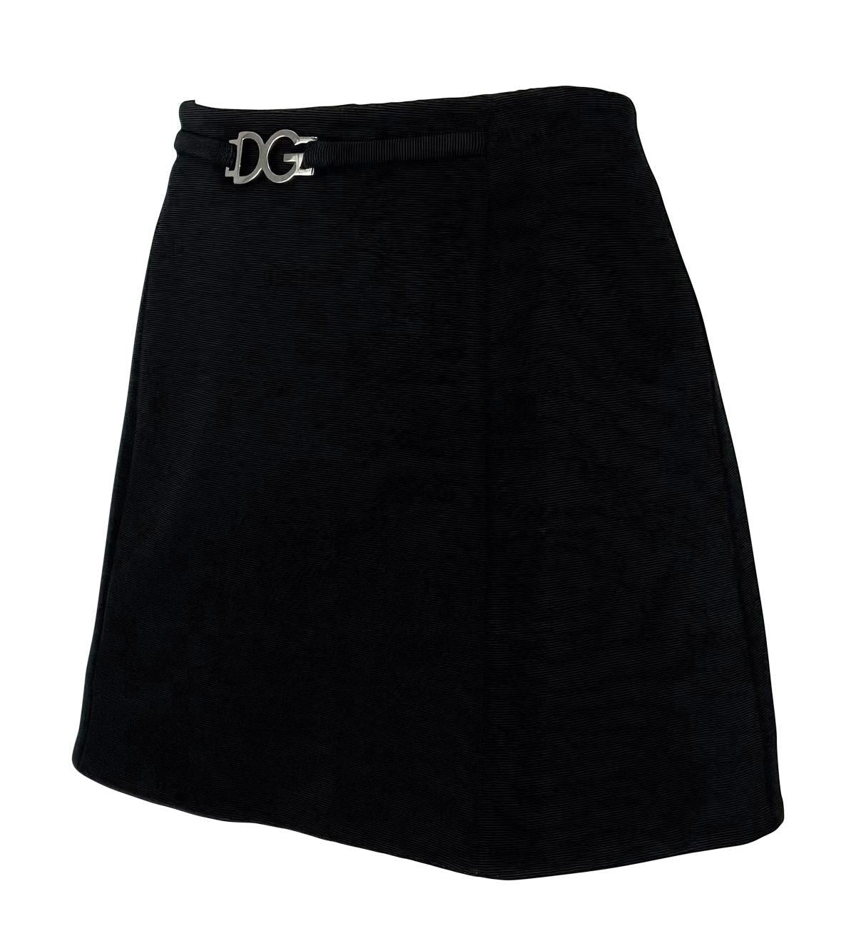 1990s Dolce & Gabbana Silver Logo Buckle Black Cropped Roll Neck Mini Skirt Set - RealList