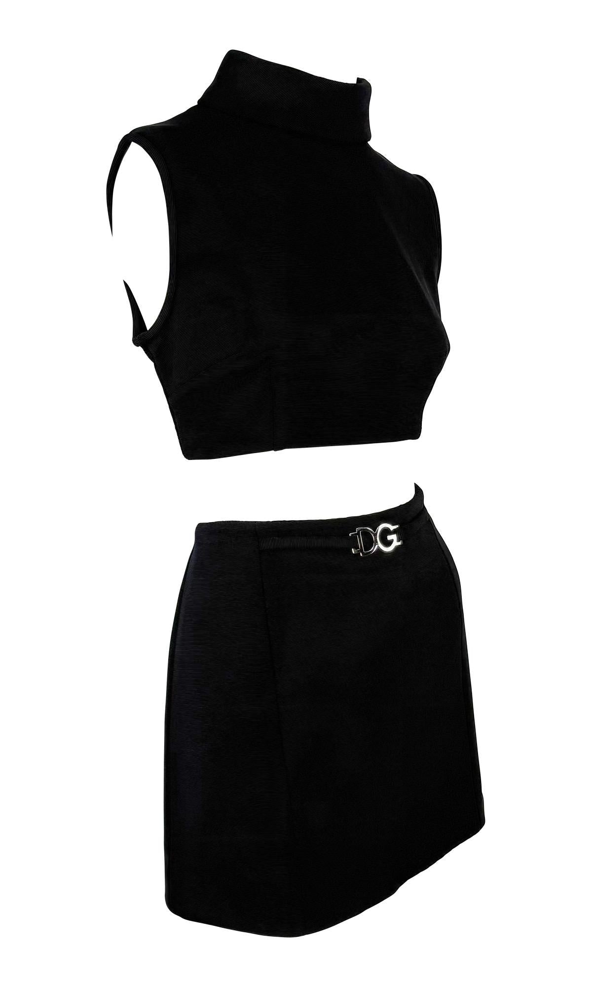 1990s Dolce & Gabbana Silver Logo Buckle Black Cropped Roll Neck Mini Skirt Set - RealList