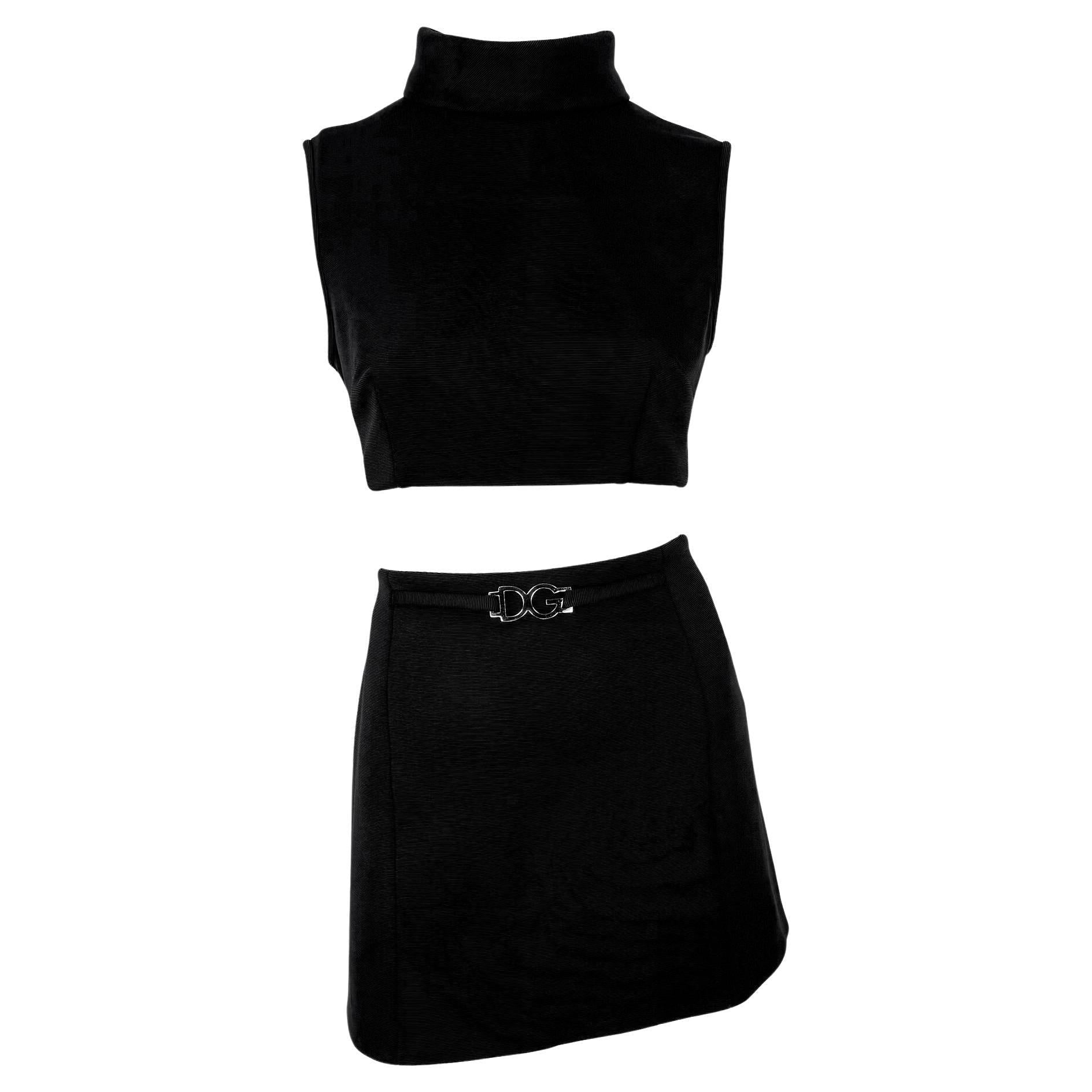 1990s Dolce & Gabbana Silver Logo Buckle Black Cropped Roll Neck Mini Skirt Set - RealList