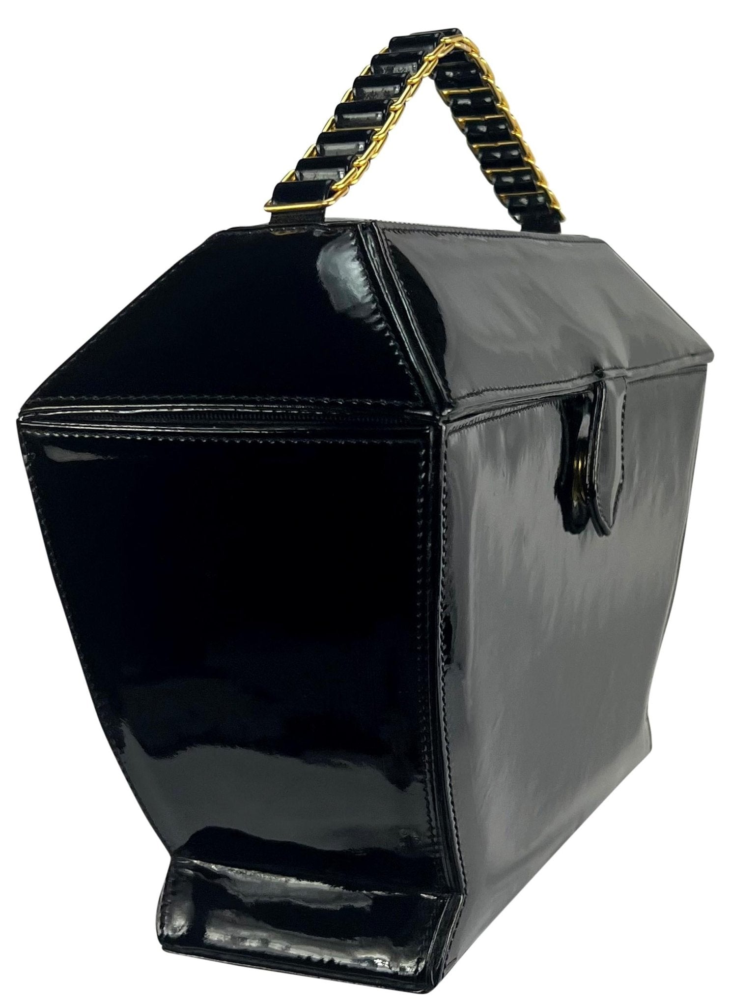 1990s Donna Karan Black Patent Leather Urn Shaped Structured Bag - RealList