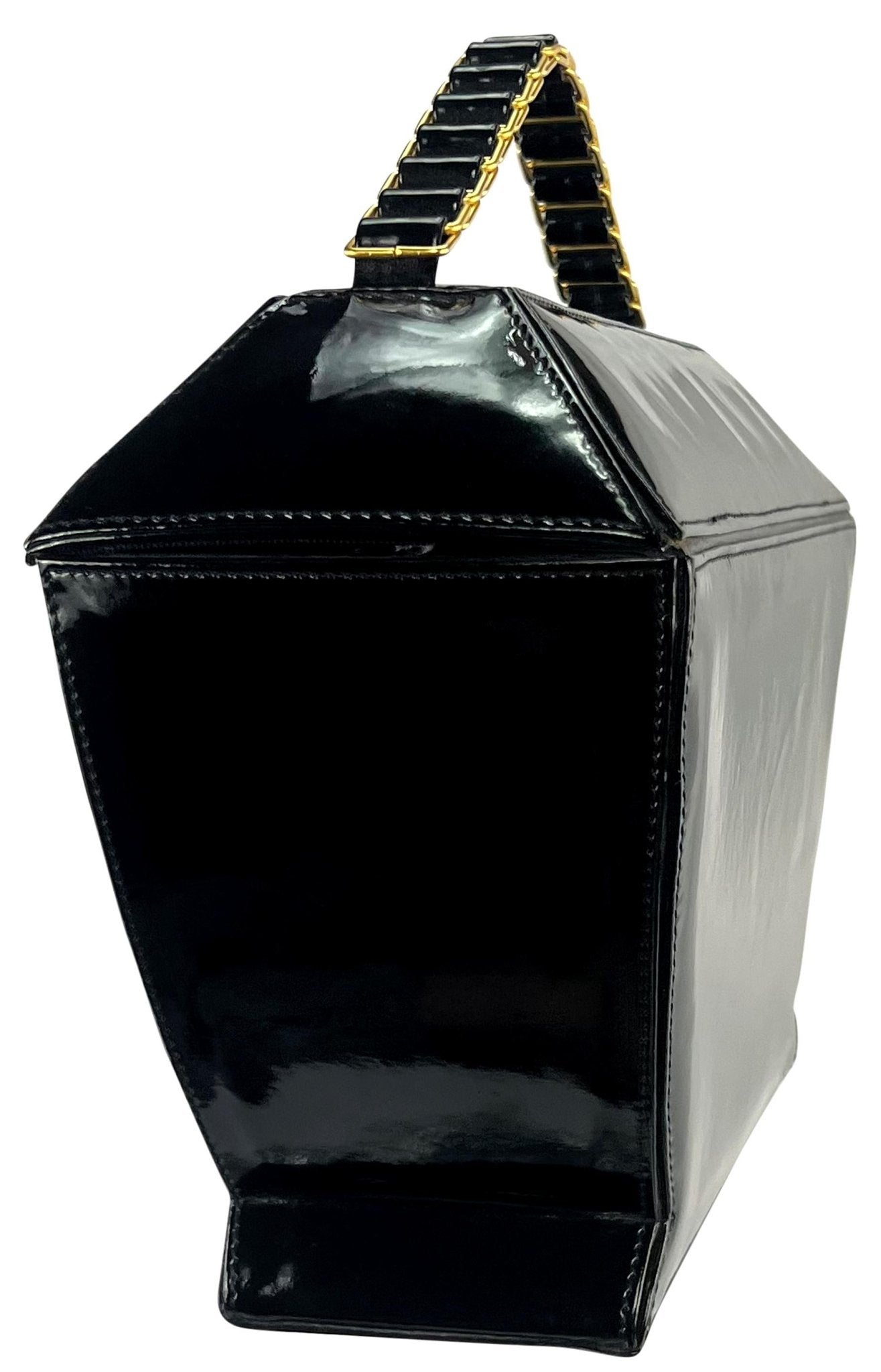 1990s Donna Karan Black Patent Leather Urn Shaped Structured Bag - RealList