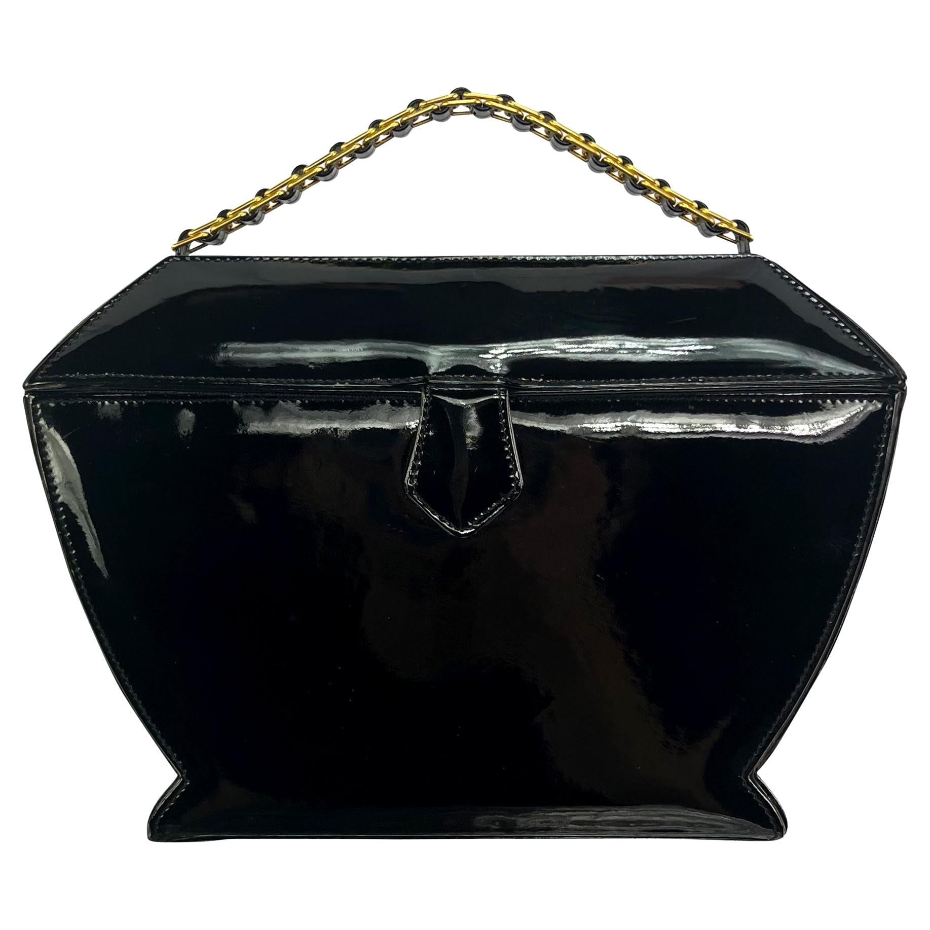 1990s Donna Karan Black Patent Leather Urn Shaped Structured Bag - RealList