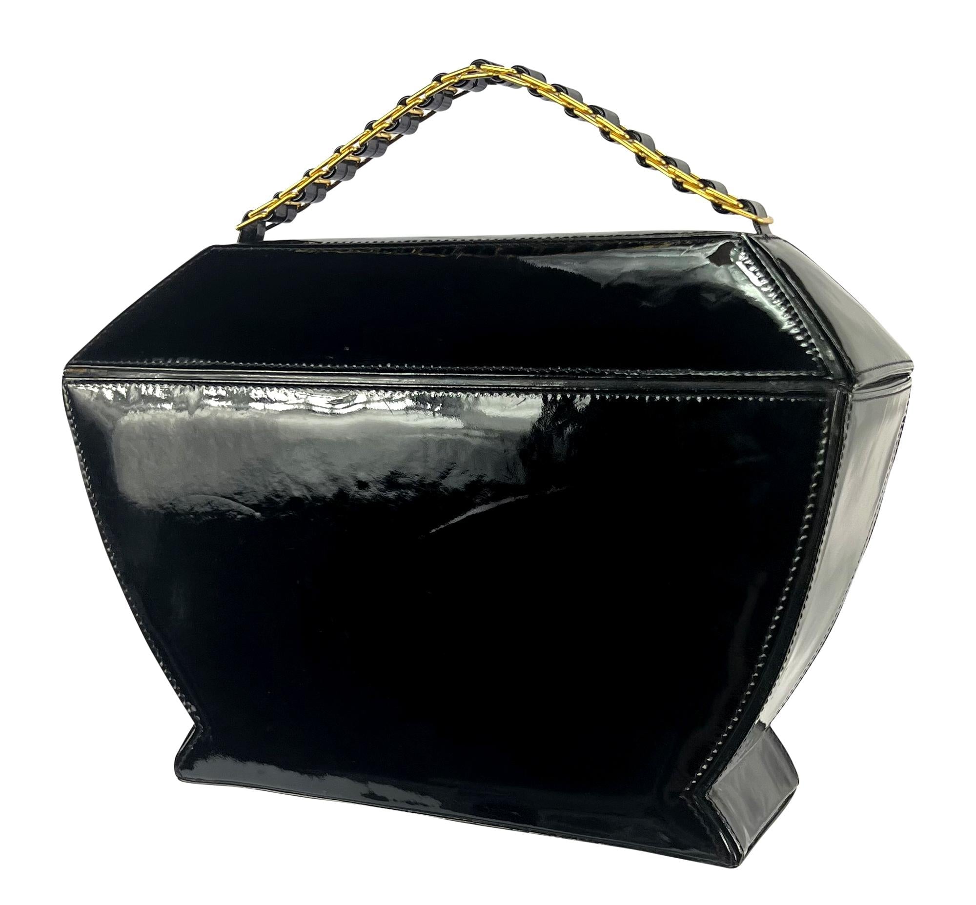 1990s Donna Karan Black Patent Leather Urn Shaped Structured Bag - RealList