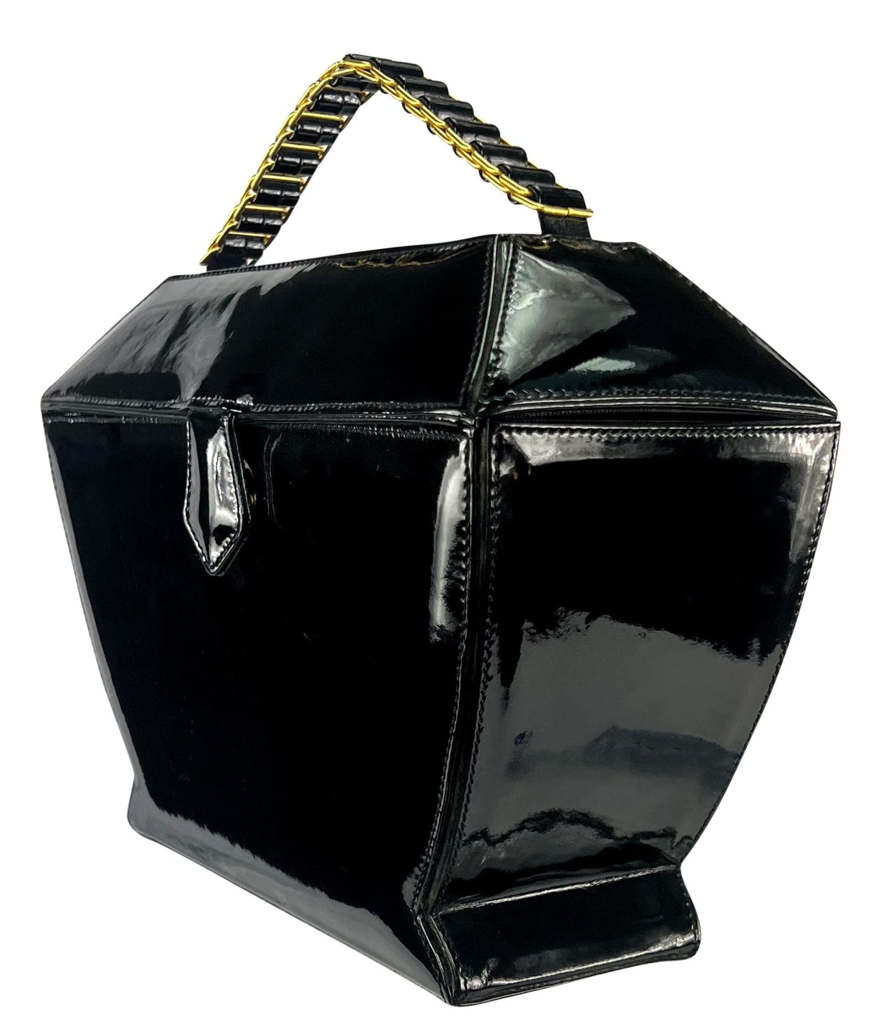 1990s Donna Karan Black Patent Leather Urn Shaped Structured Bag - RealList