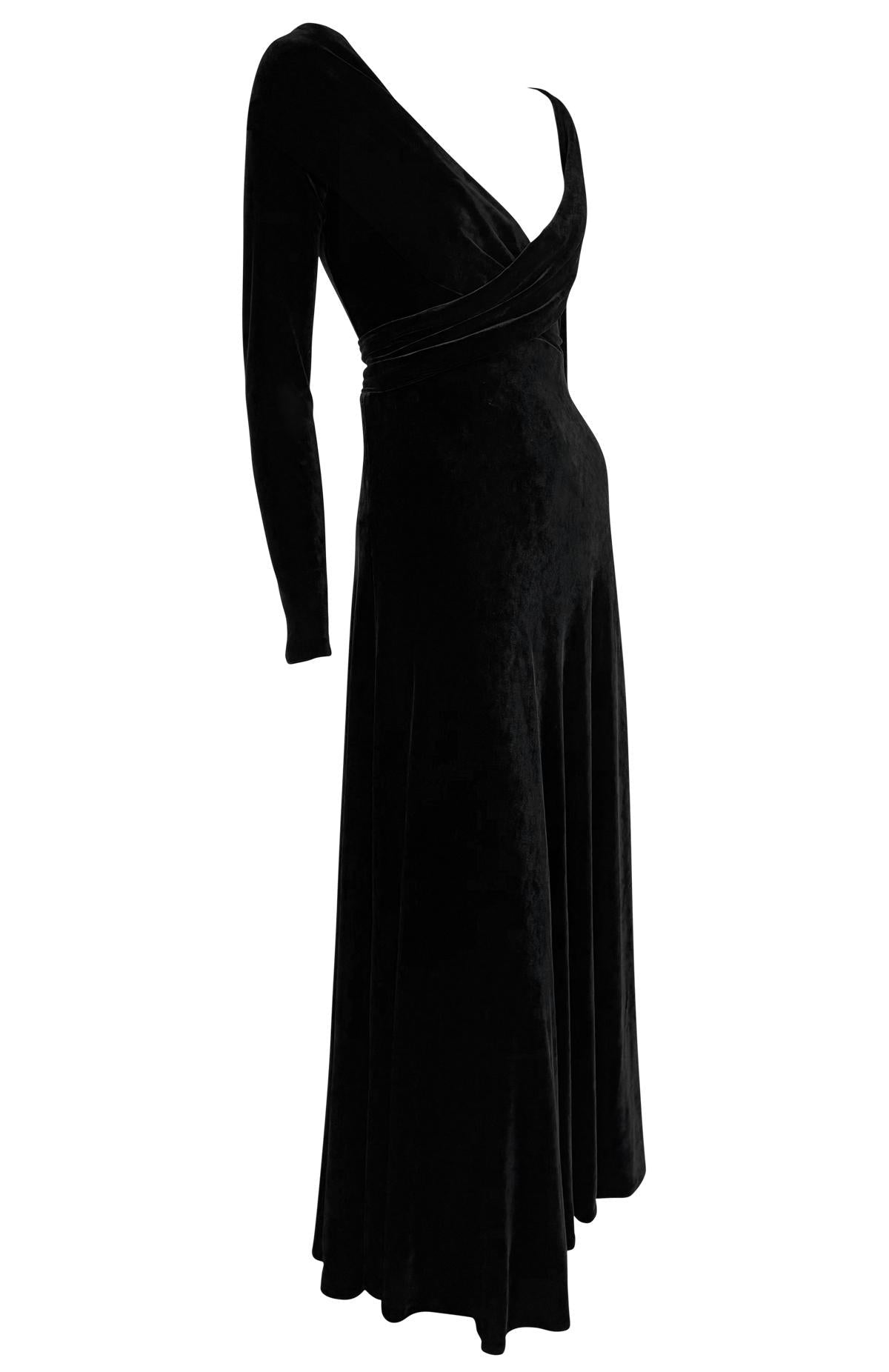 1990s Donna Karan Black Velvet Bodycon Stretch Plunging Evening Gown - RealList