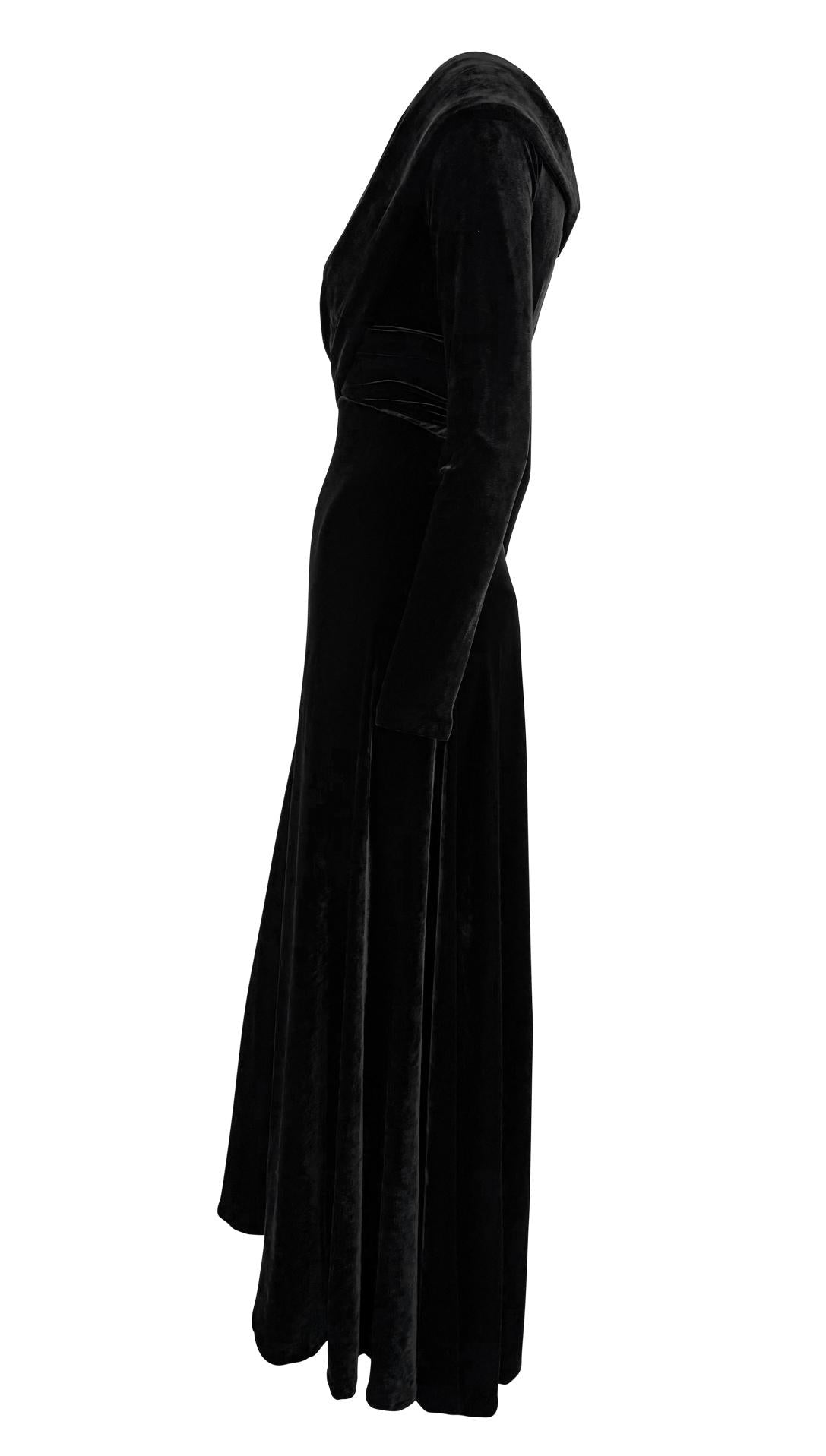 1990s Donna Karan Black Velvet Bodycon Stretch Plunging Evening Gown - RealList