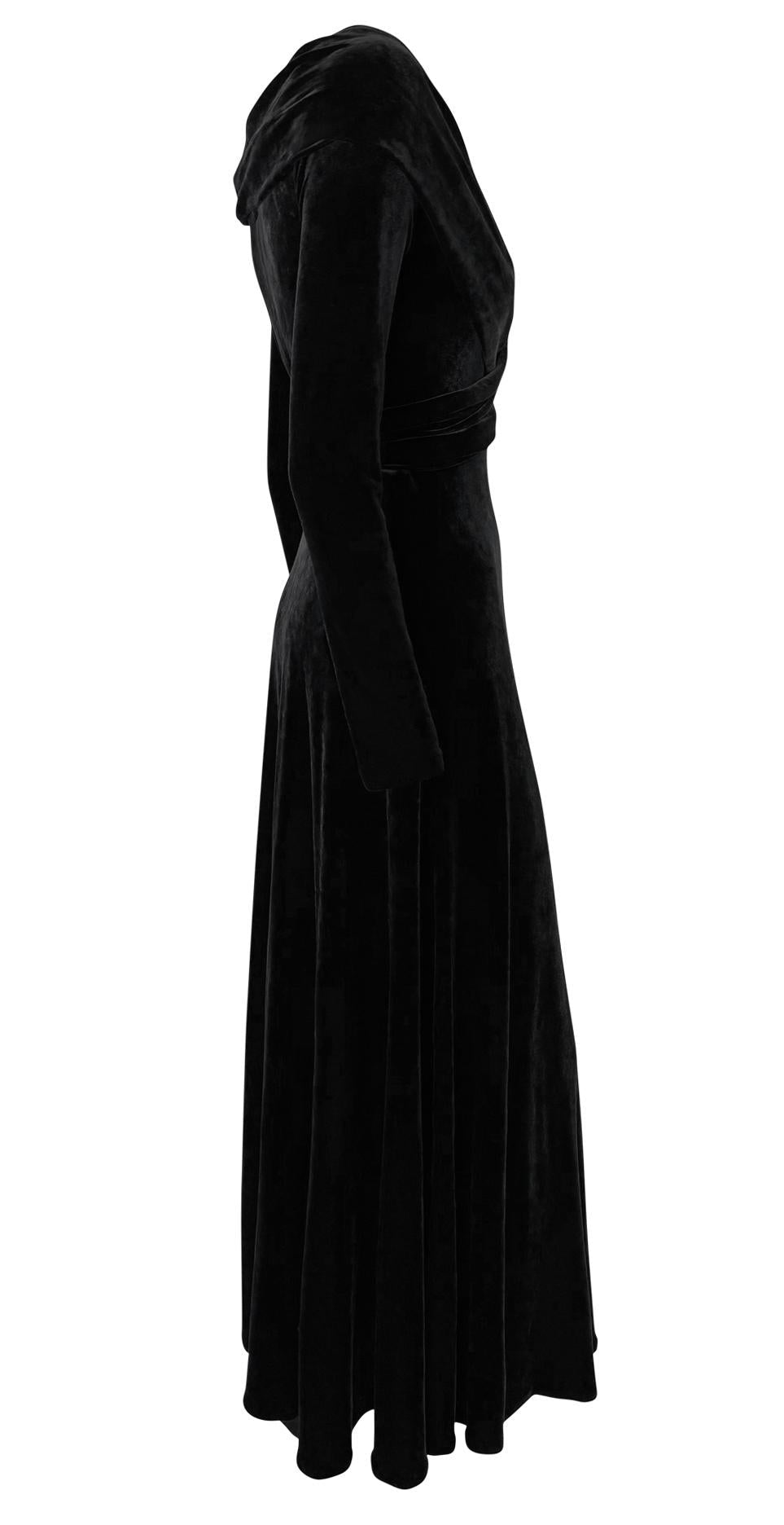 1990s Donna Karan Black Velvet Bodycon Stretch Plunging Evening Gown - RealList