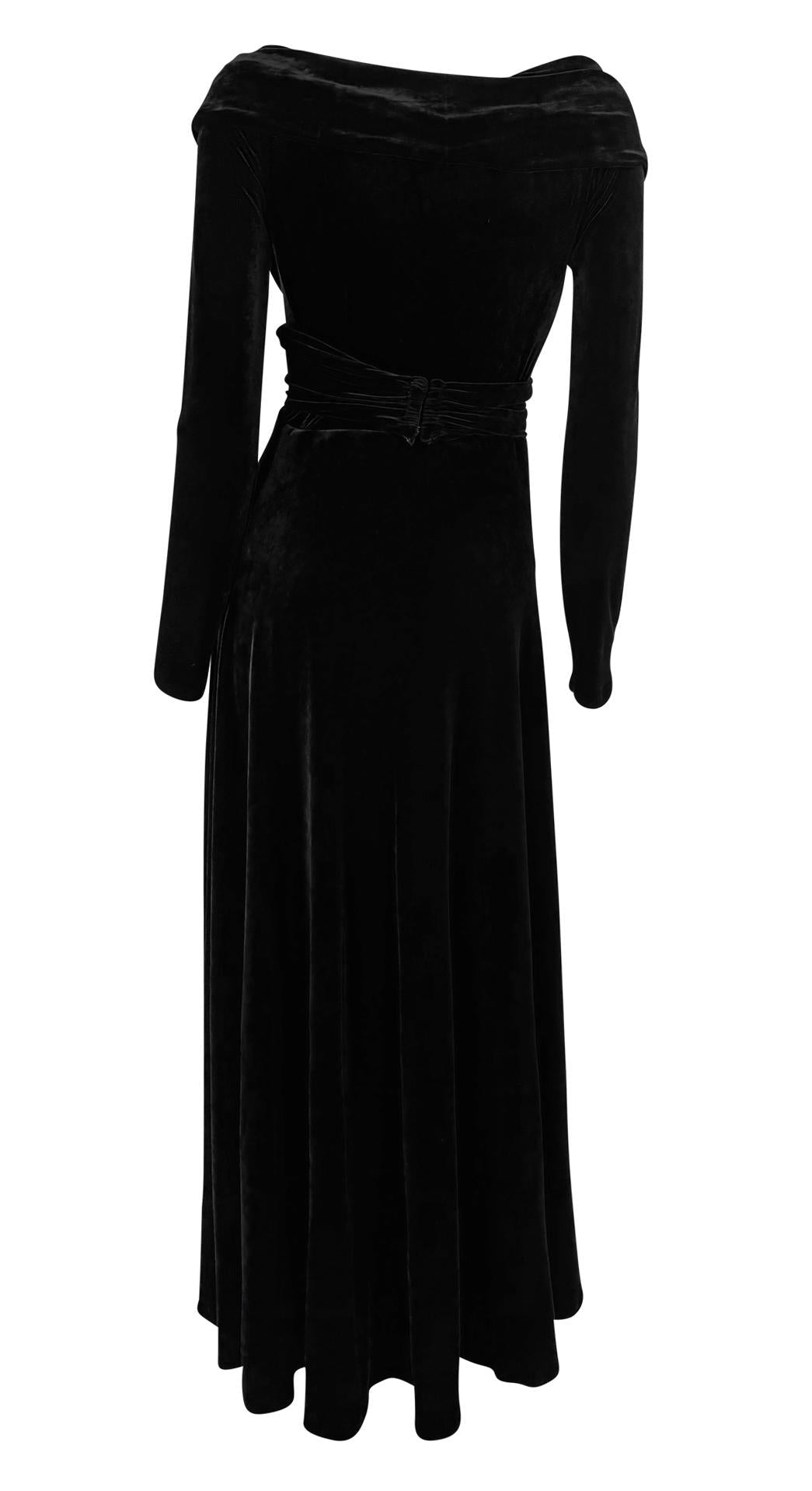 1990s Donna Karan Black Velvet Bodycon Stretch Plunging Evening Gown - RealList
