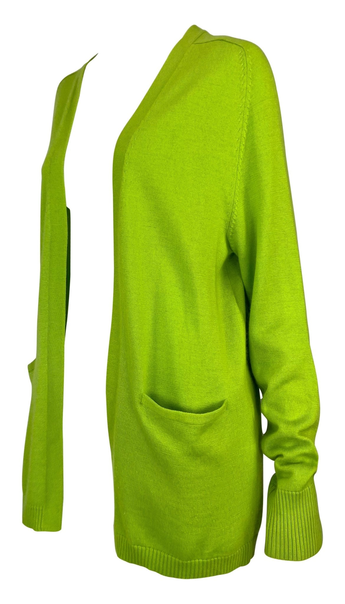 1990s Donna Karan Bright Lime Green Silk Cashmere Open Cardigan Sweater Top - RealList