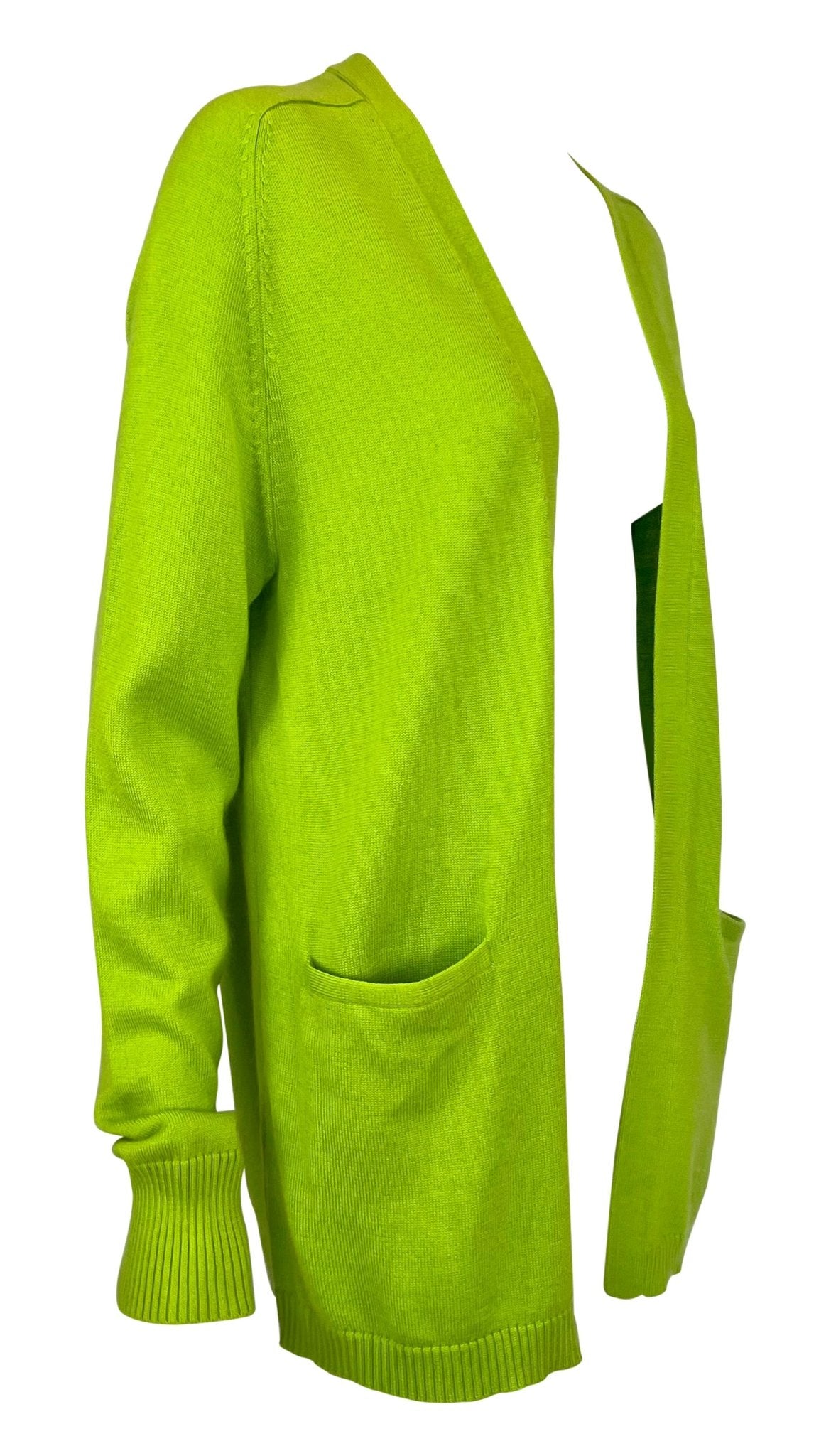 1990s Donna Karan Bright Lime Green Silk Cashmere Open Cardigan Sweater Top - RealList