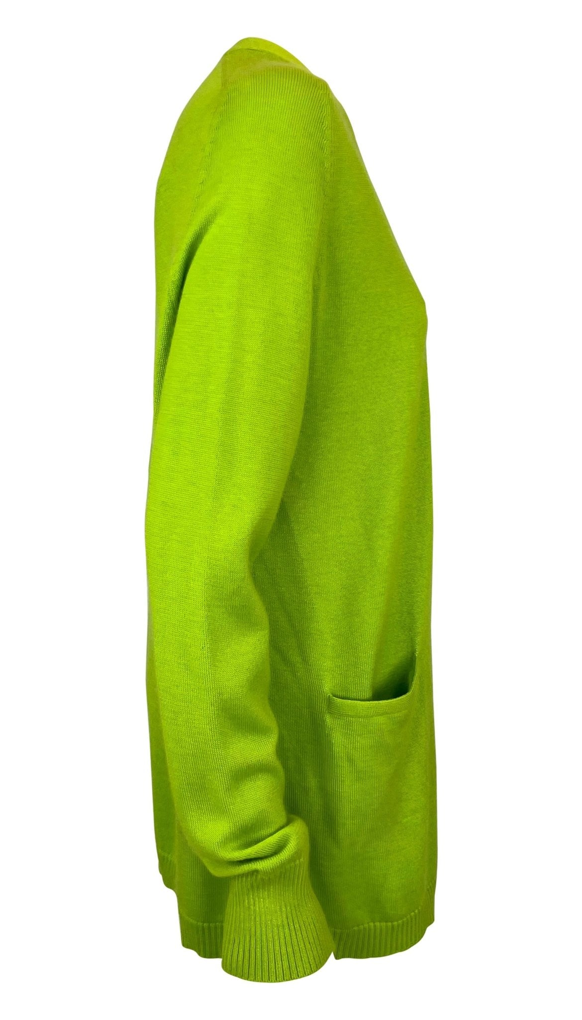 1990s Donna Karan Bright Lime Green Silk Cashmere Open Cardigan Sweater Top - RealList
