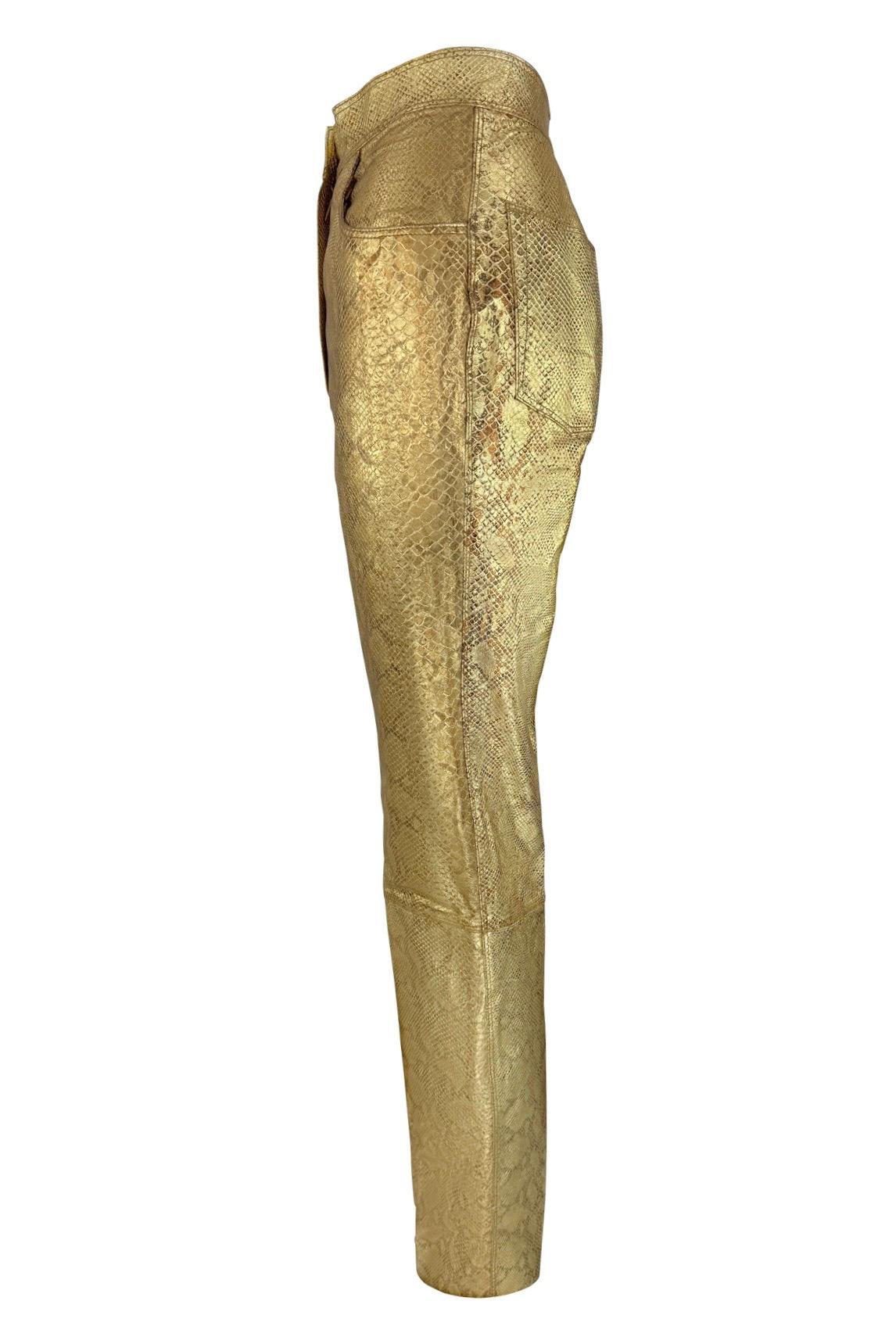 1990s Emanuel Ungaro Gold Metallic Snake Print Embossed Leather Pants - RealList