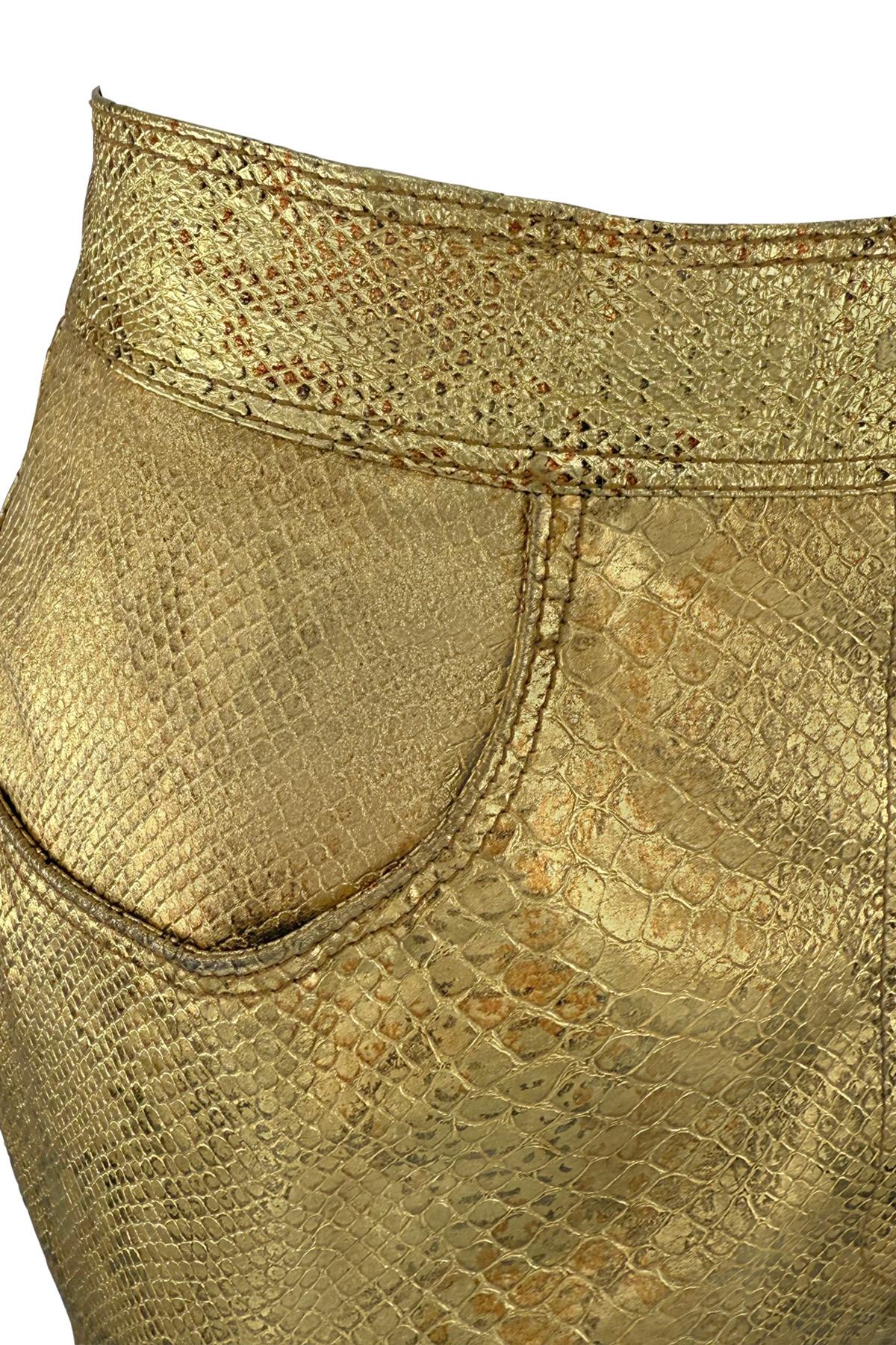 1990s Emanuel Ungaro Gold Metallic Snake Print Embossed Leather Pants - RealList