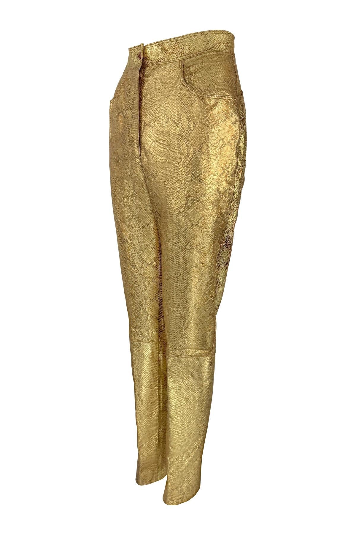 1990s Emanuel Ungaro Gold Metallic Snake Print Embossed Leather Pants - RealList