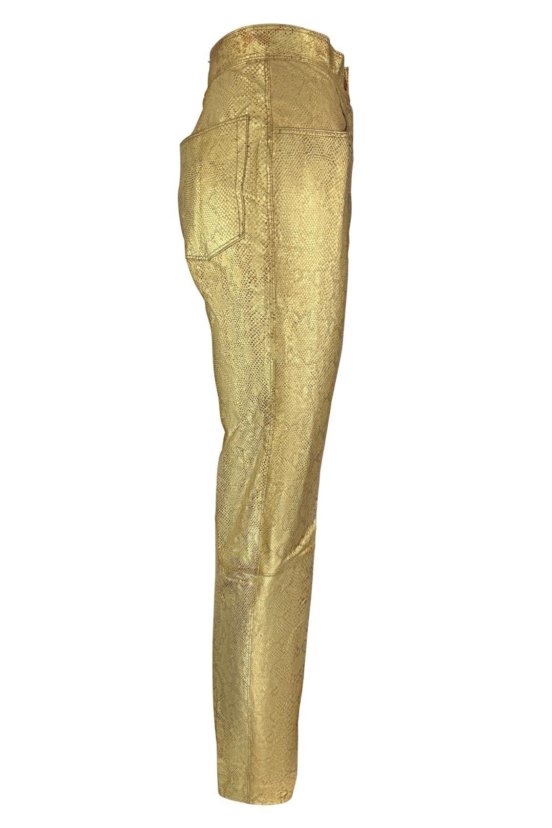 1990s Emanuel Ungaro Gold Metallic Snake Print Embossed Leather Pants - RealList