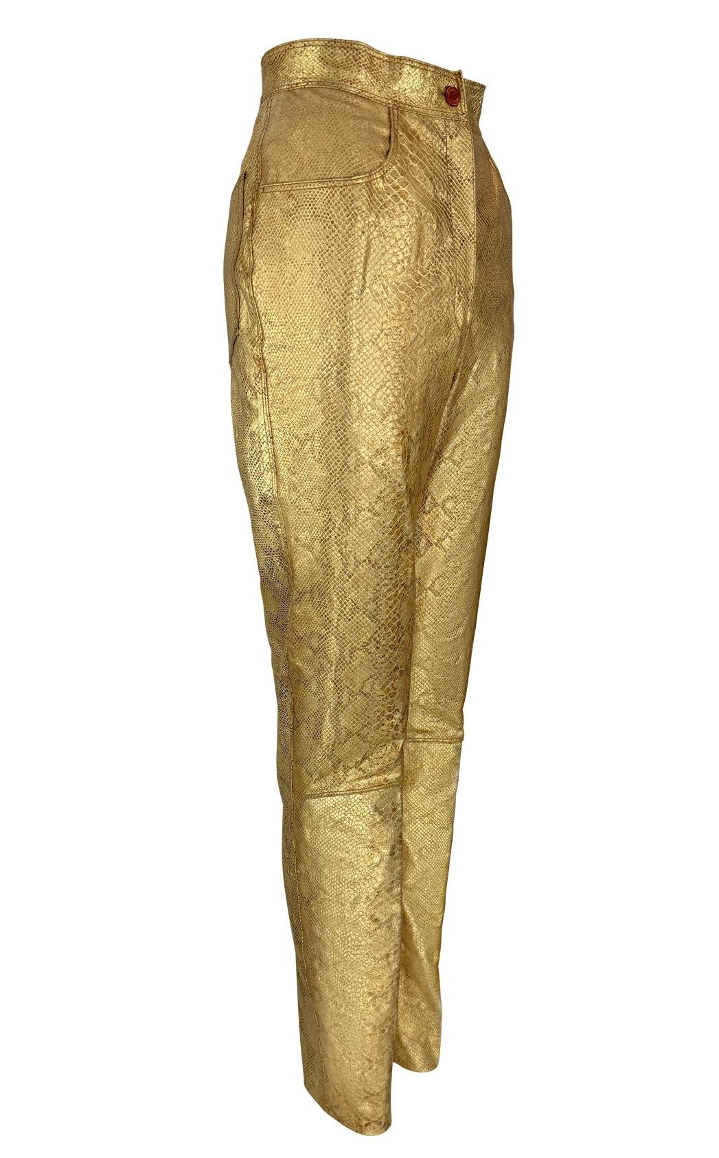 1990s Emanuel Ungaro Gold Metallic Snake Print Embossed Leather Pants - RealList