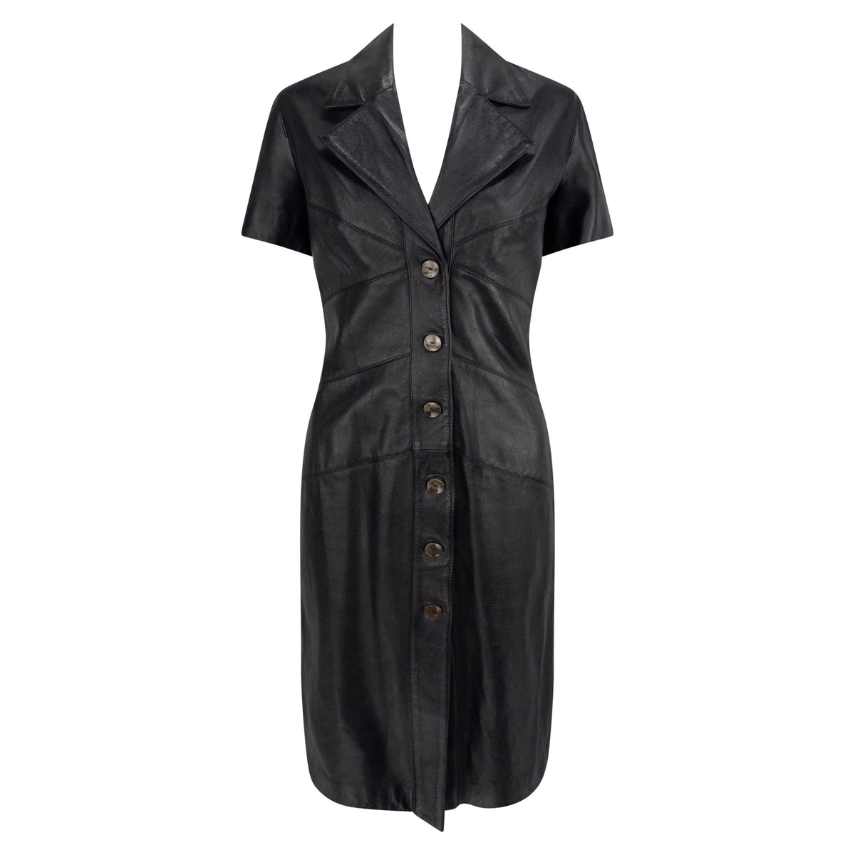 1990s Fendi by Karl Lagerfeld Black Leather Short Sleeve Button Up Dress - RealList