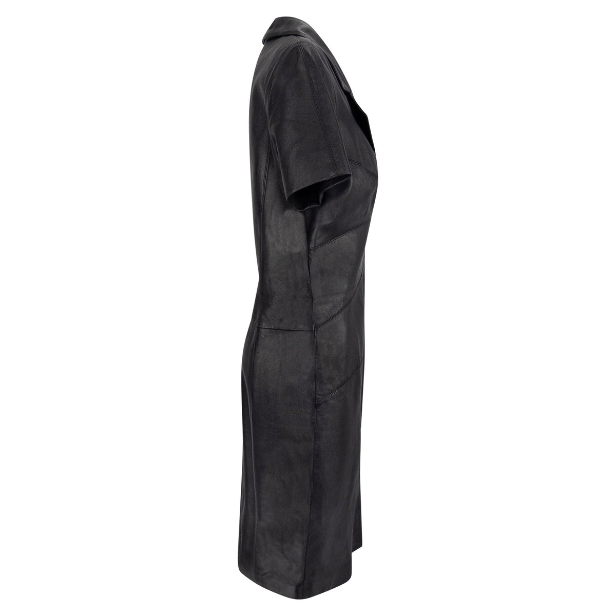 1990s Fendi by Karl Lagerfeld Black Leather Short Sleeve Button Up Dress - RealList