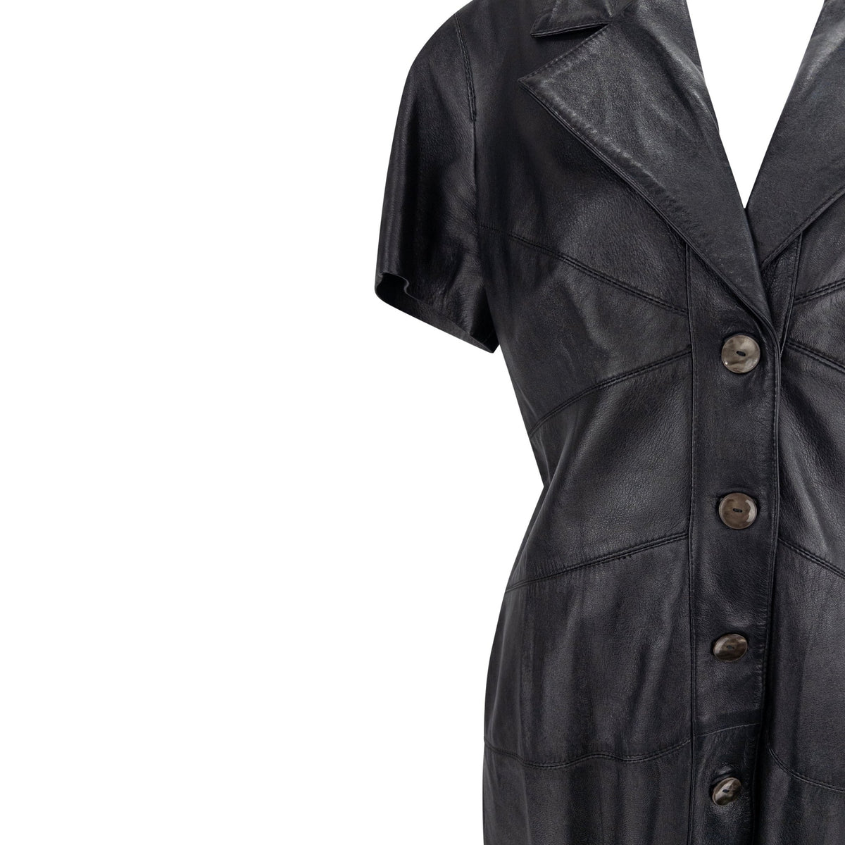 1990s Fendi by Karl Lagerfeld Black Leather Short Sleeve Button Up Dress - RealList