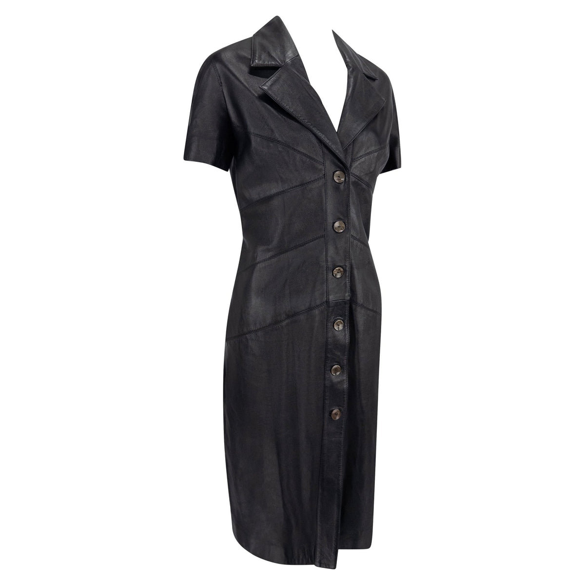 1990s Fendi by Karl Lagerfeld Black Leather Short Sleeve Button Up Dress - RealList