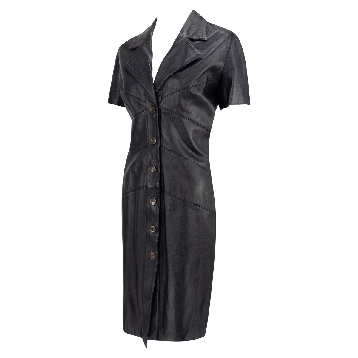 1990s Fendi by Karl Lagerfeld Black Leather Short Sleeve Button Up Dress - RealList