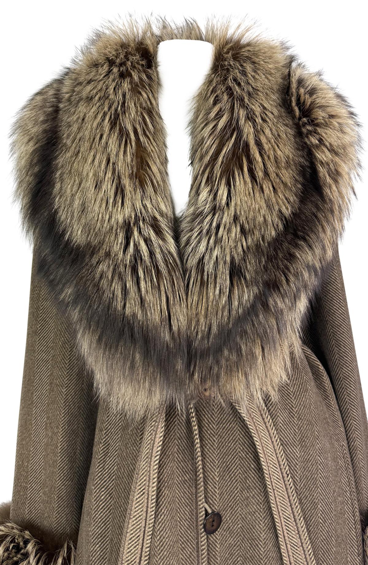 1990s Fendi by Karl Lagerfeld Brown Herringbone FF Logo Fox Fur Trim Coat - RealList