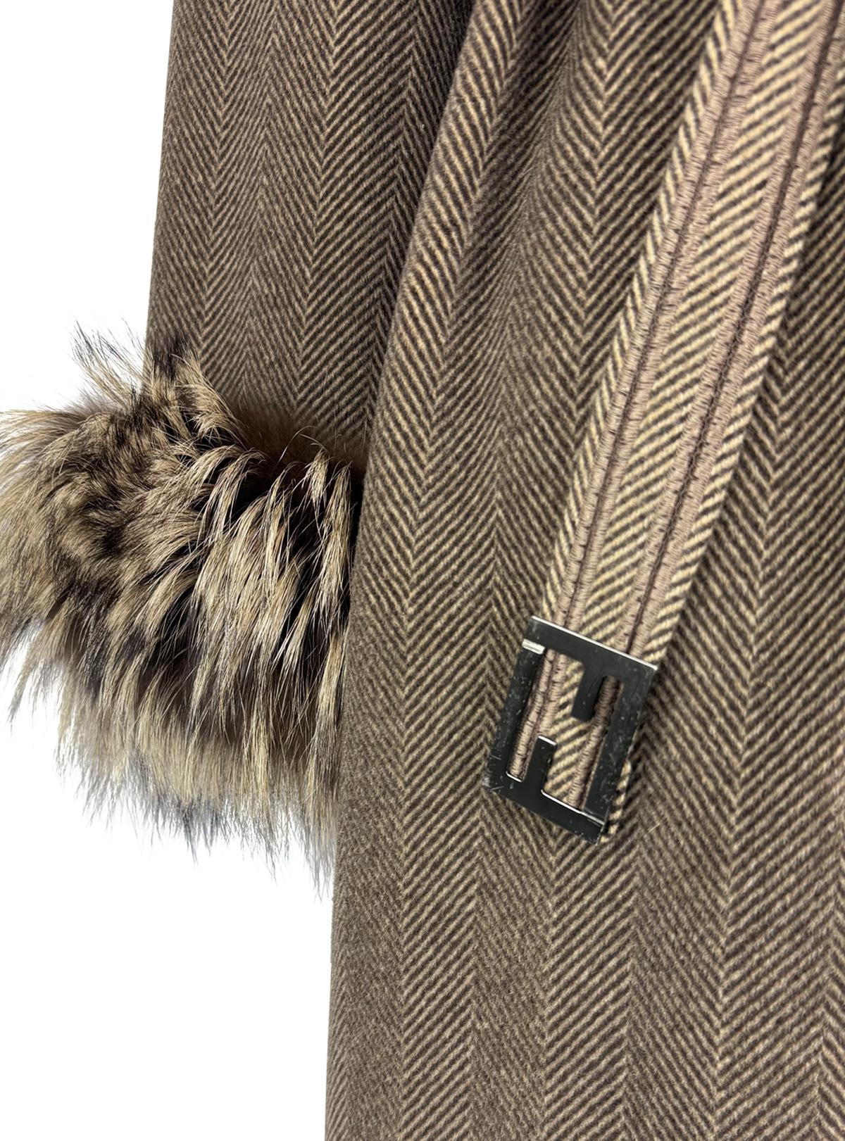1990s Fendi by Karl Lagerfeld Brown Herringbone FF Logo Fox Fur Trim Coat - RealList