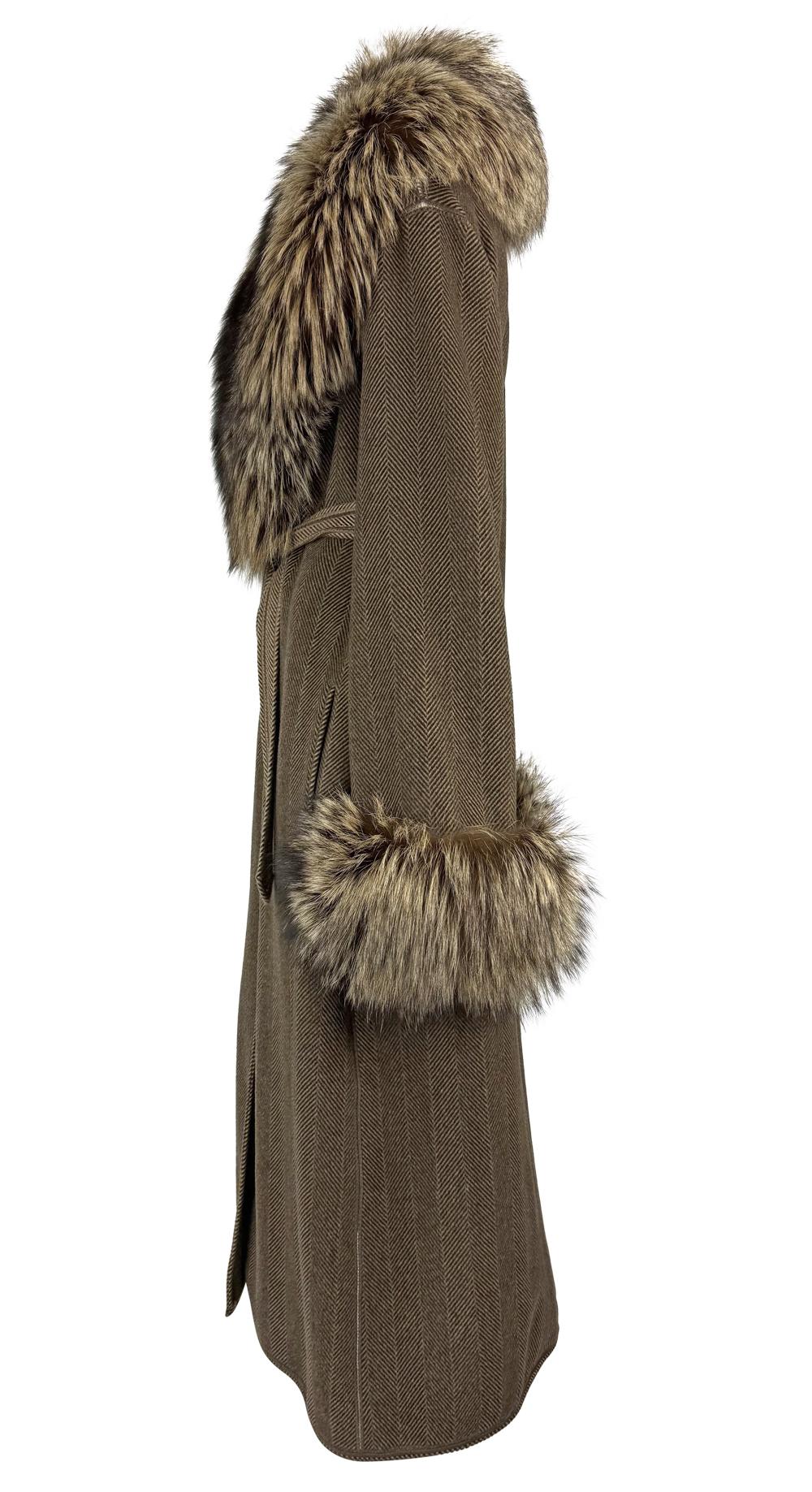 1990s Fendi by Karl Lagerfeld Brown Herringbone FF Logo Fox Fur Trim Coat - RealList