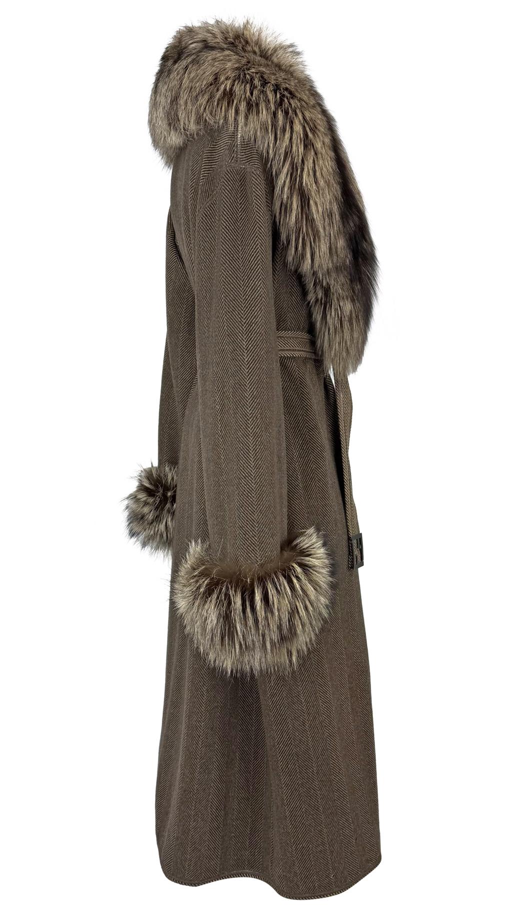 1990s Fendi by Karl Lagerfeld Brown Herringbone FF Logo Fox Fur Trim Coat - RealList