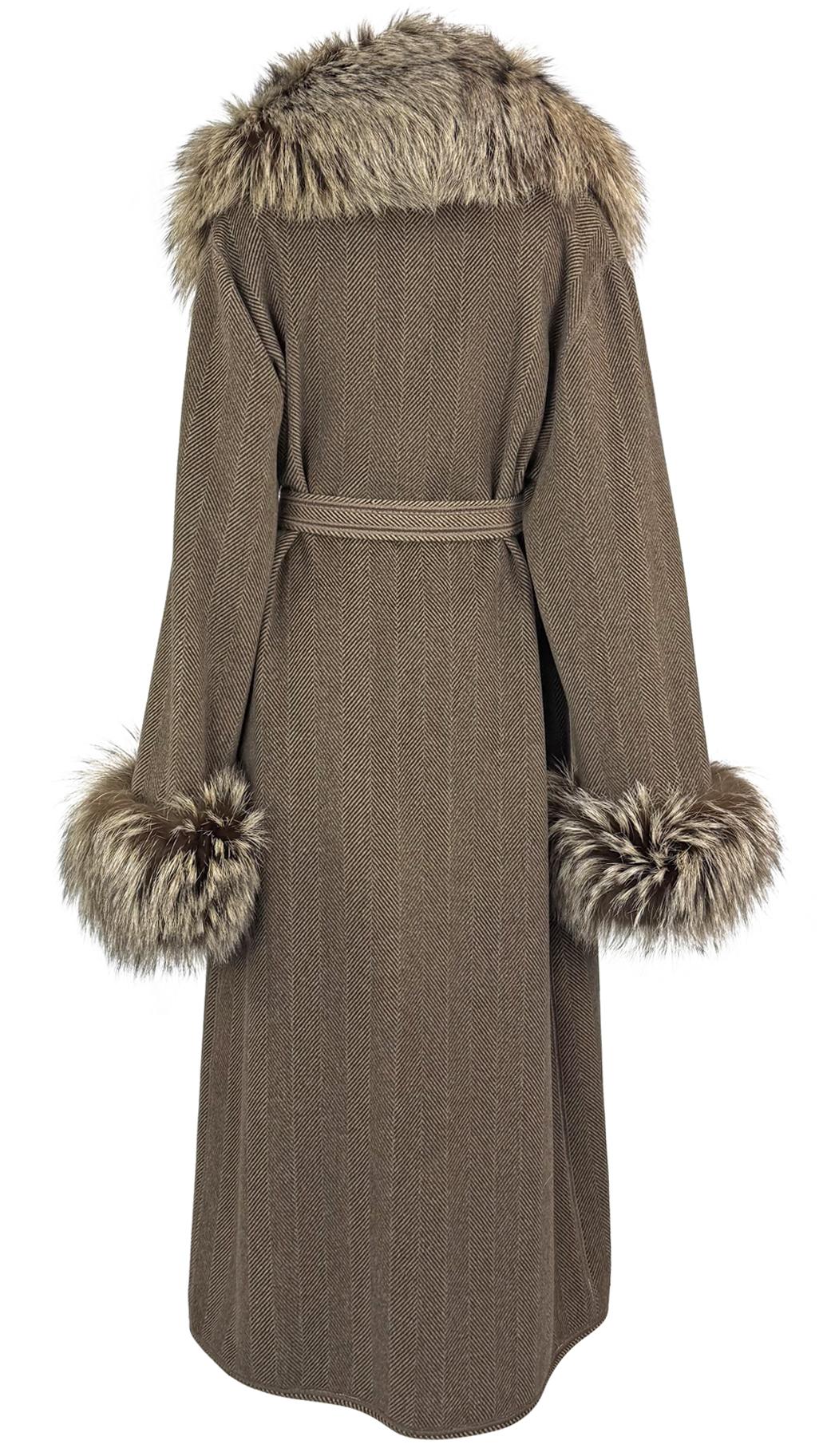 1990s Fendi by Karl Lagerfeld Brown Herringbone FF Logo Fox Fur Trim Coat - RealList