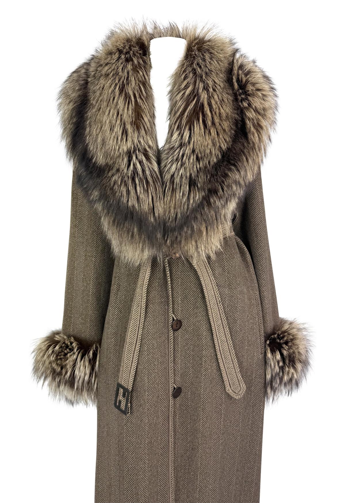 1990s Fendi by Karl Lagerfeld Brown Herringbone FF Logo Fox Fur Trim Coat - RealList