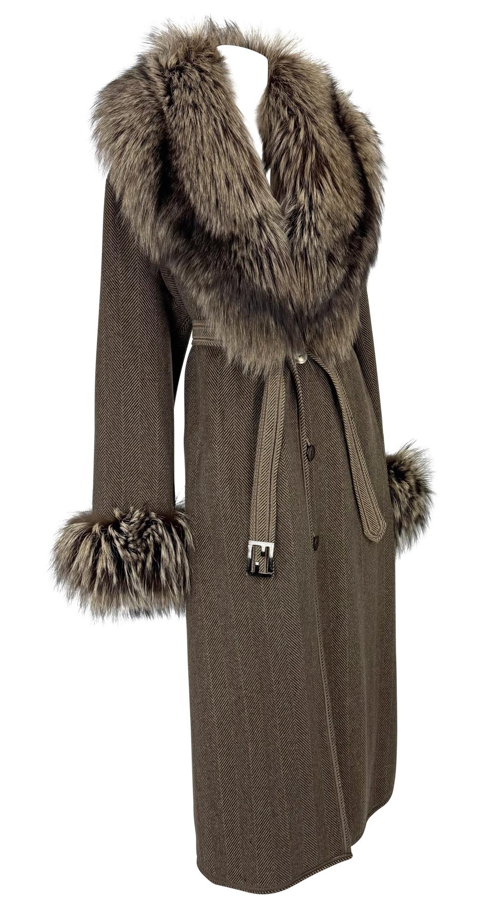 1990s Fendi by Karl Lagerfeld Brown Herringbone FF Logo Fox Fur Trim Coat - RealList