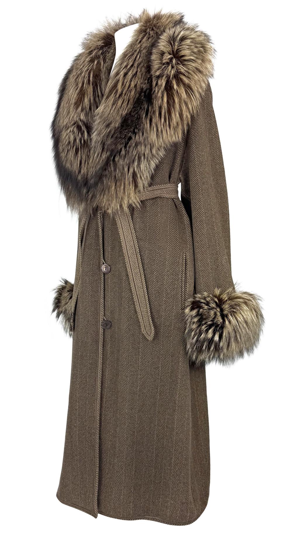 1990s Fendi by Karl Lagerfeld Brown Herringbone FF Logo Fox Fur Trim Coat - RealList