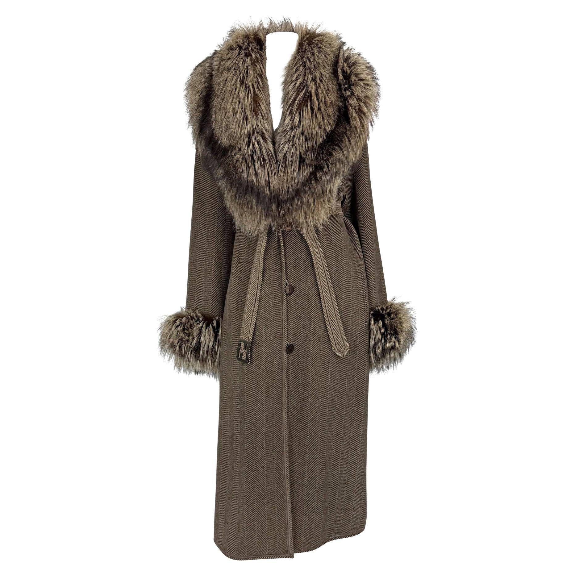 1990s Fendi by Karl Lagerfeld Brown Herringbone FF Logo Fox Fur Trim Coat - RealList