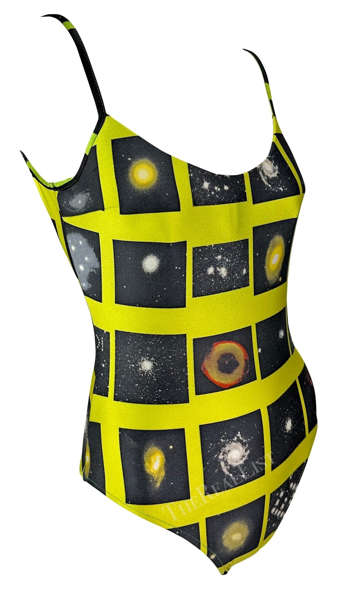 1990s Fendi by Karl Lagerfeld Logo Galaxy Print Neon Green One - Piece Swimsuit - RealList