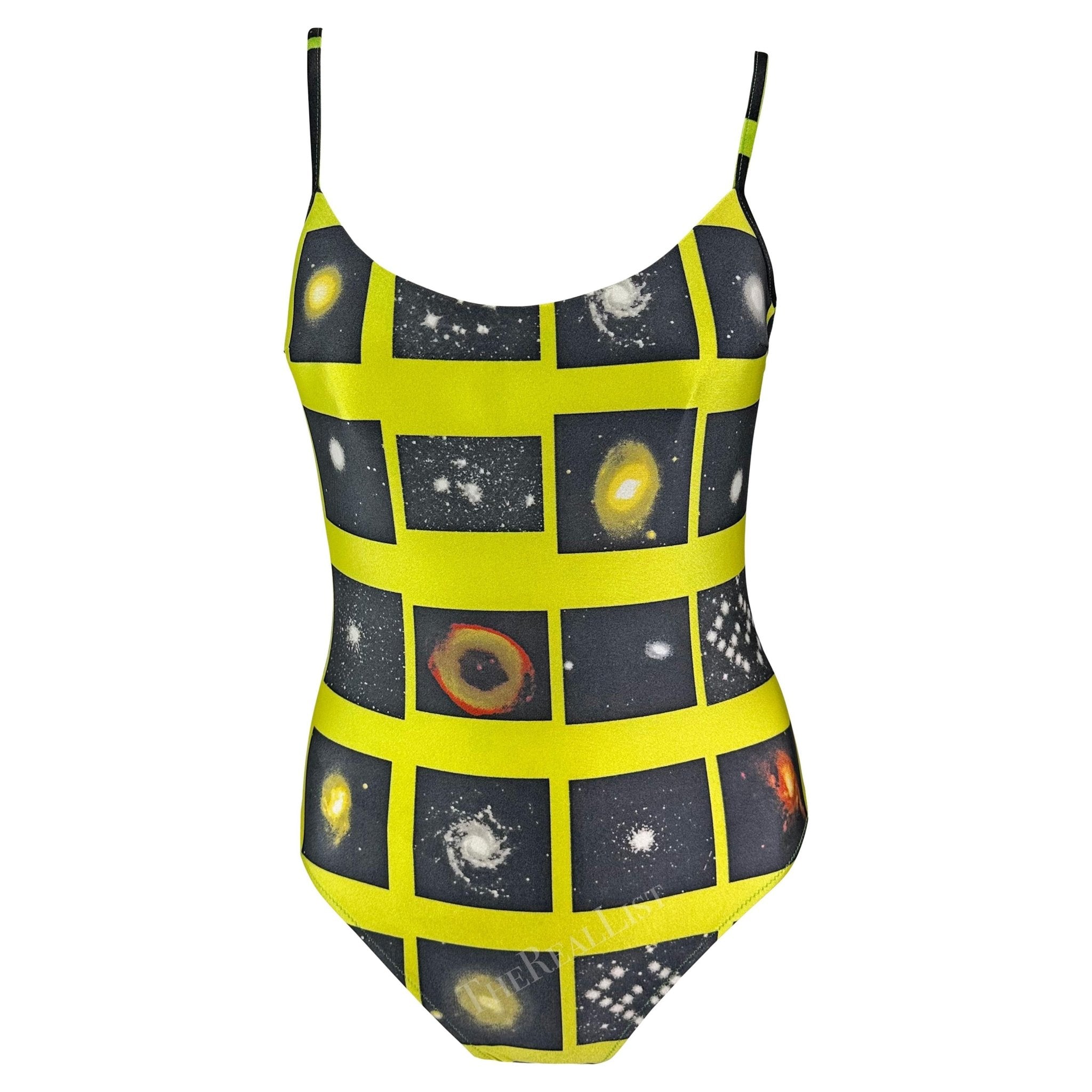 1990s Fendi by Karl Lagerfeld Logo Galaxy Print Neon Green One - Piece Swimsuit - RealList