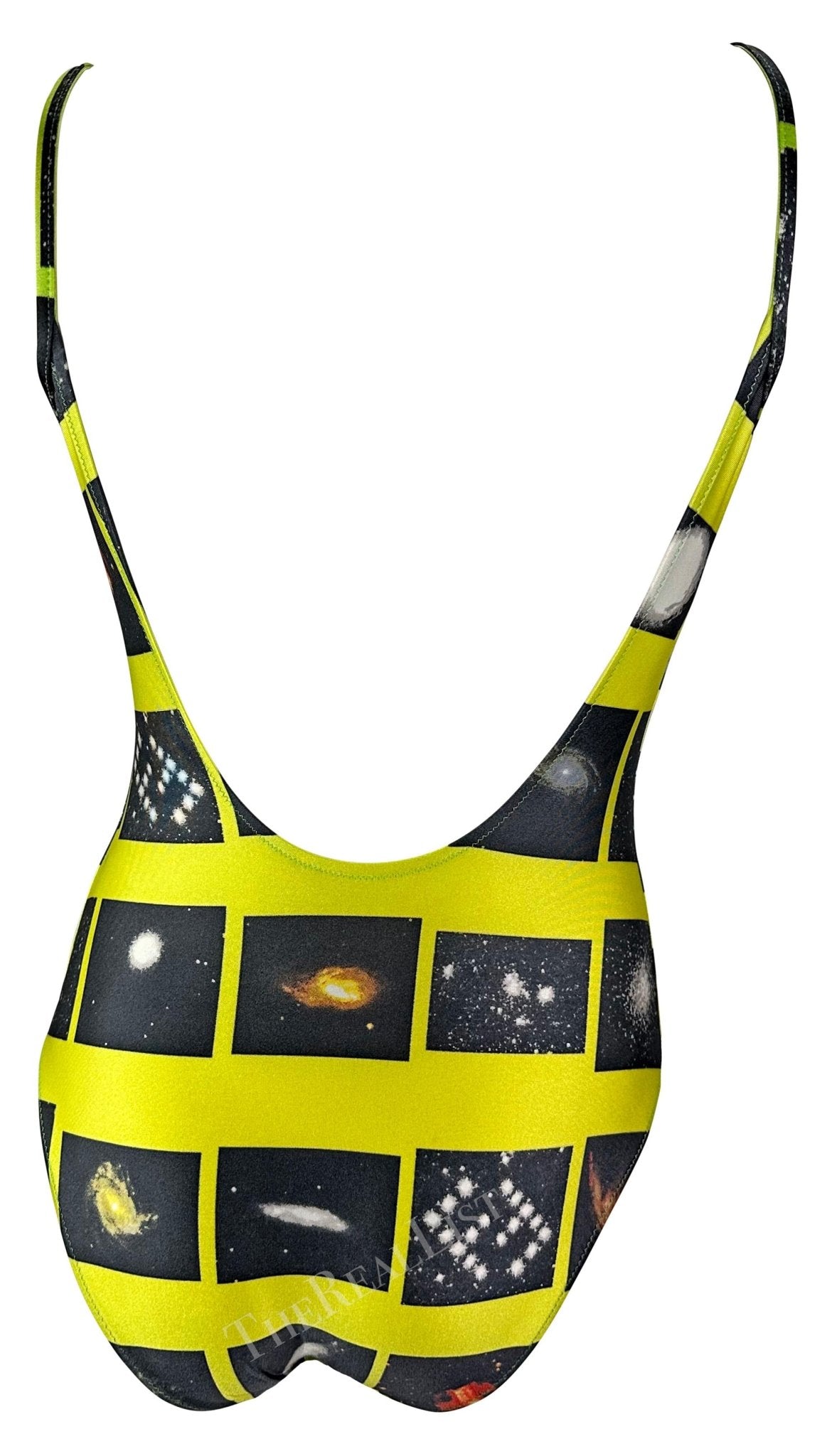 1990s Fendi by Karl Lagerfeld Logo Galaxy Print Neon Green One - Piece Swimsuit - RealList
