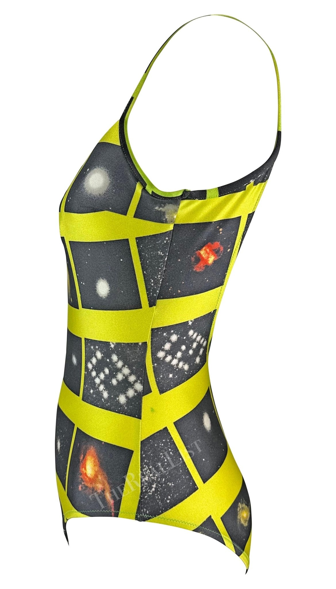 1990s Fendi by Karl Lagerfeld Logo Galaxy Print Neon Green One - Piece Swimsuit - RealList