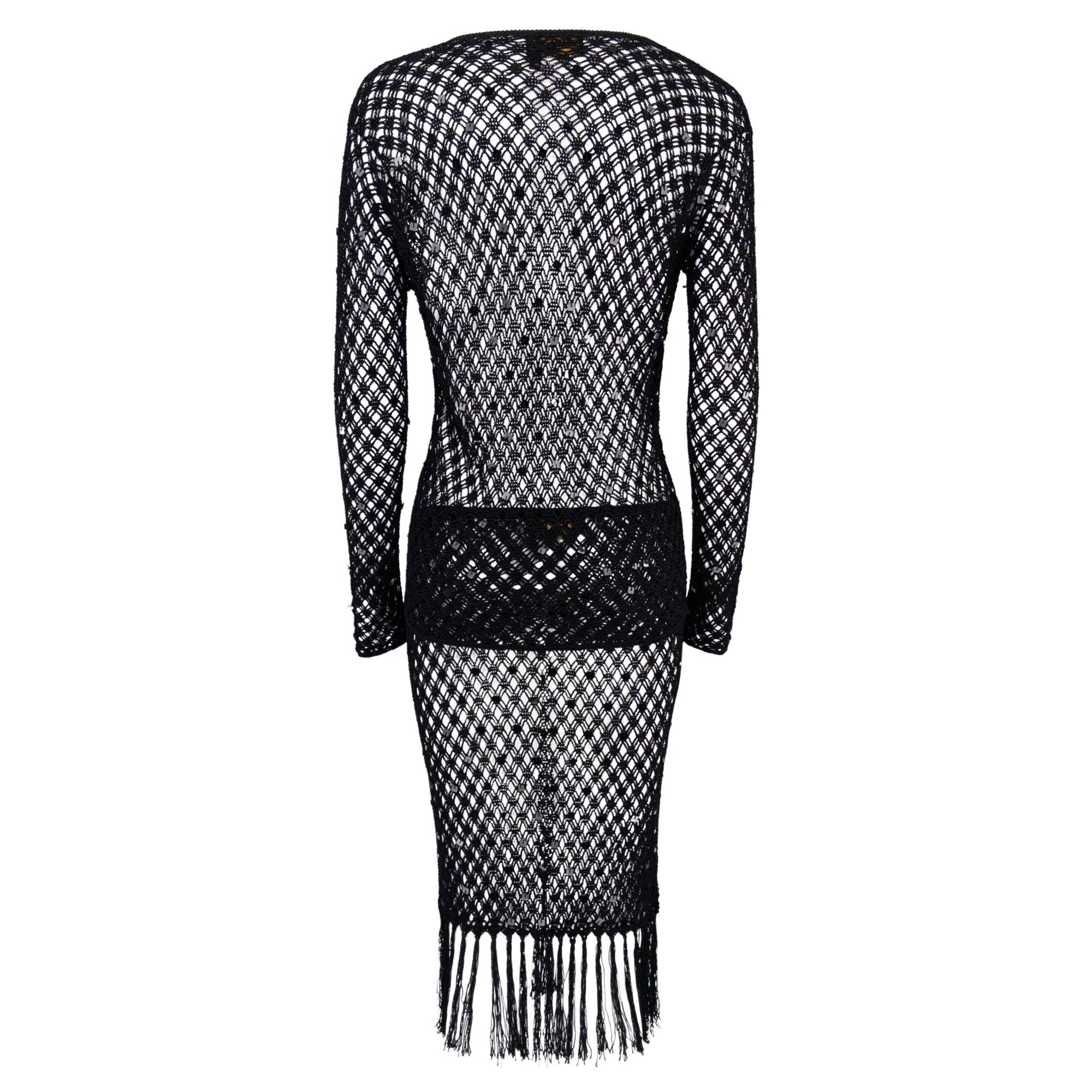 1990s Fendi by Karl Lagerfeld Sheer Black Knit Sequin Cardigan Skirt Set - RealList