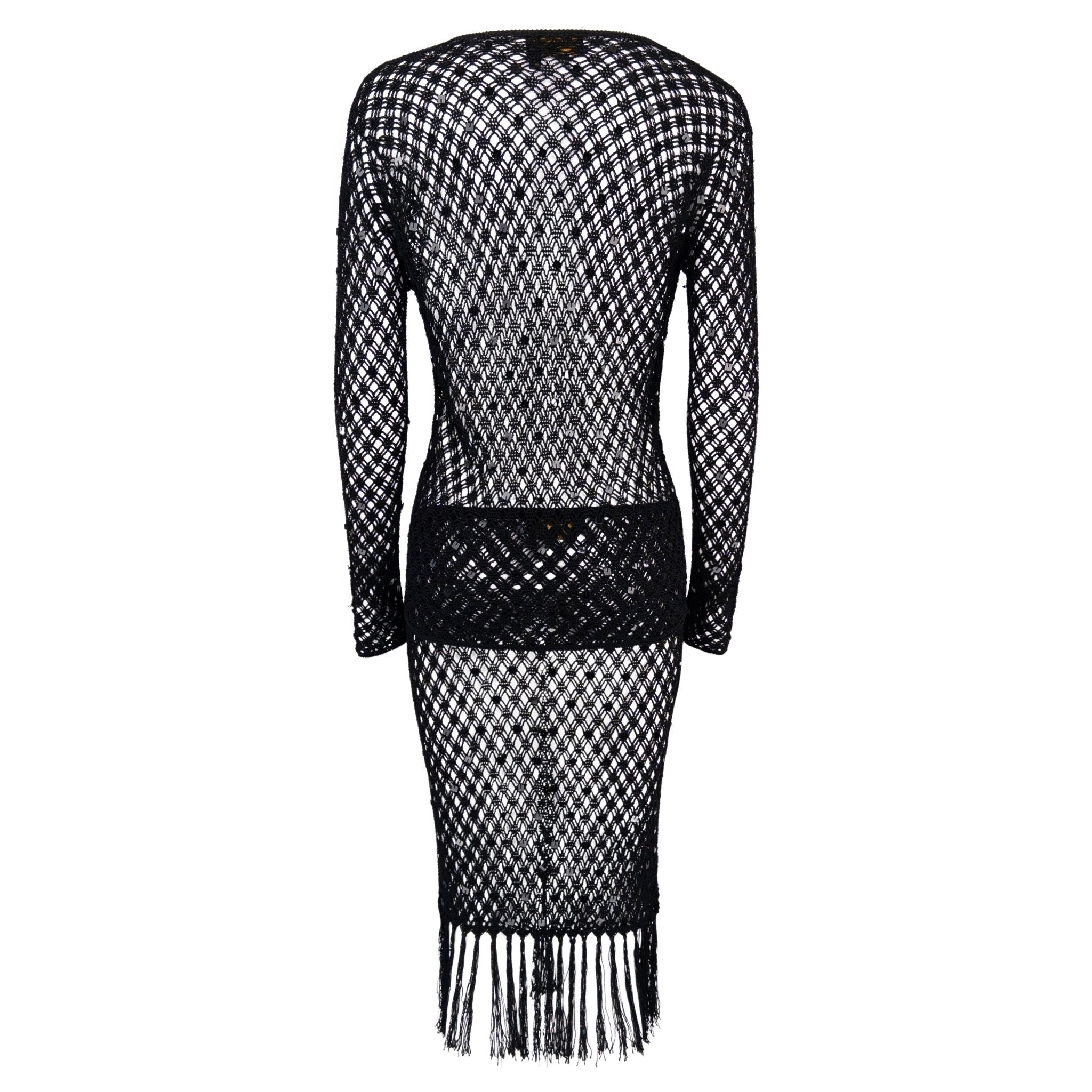 1990s Fendi by Karl Lagerfeld Sheer Black Knit Sequin Cardigan Skirt Set - RealList